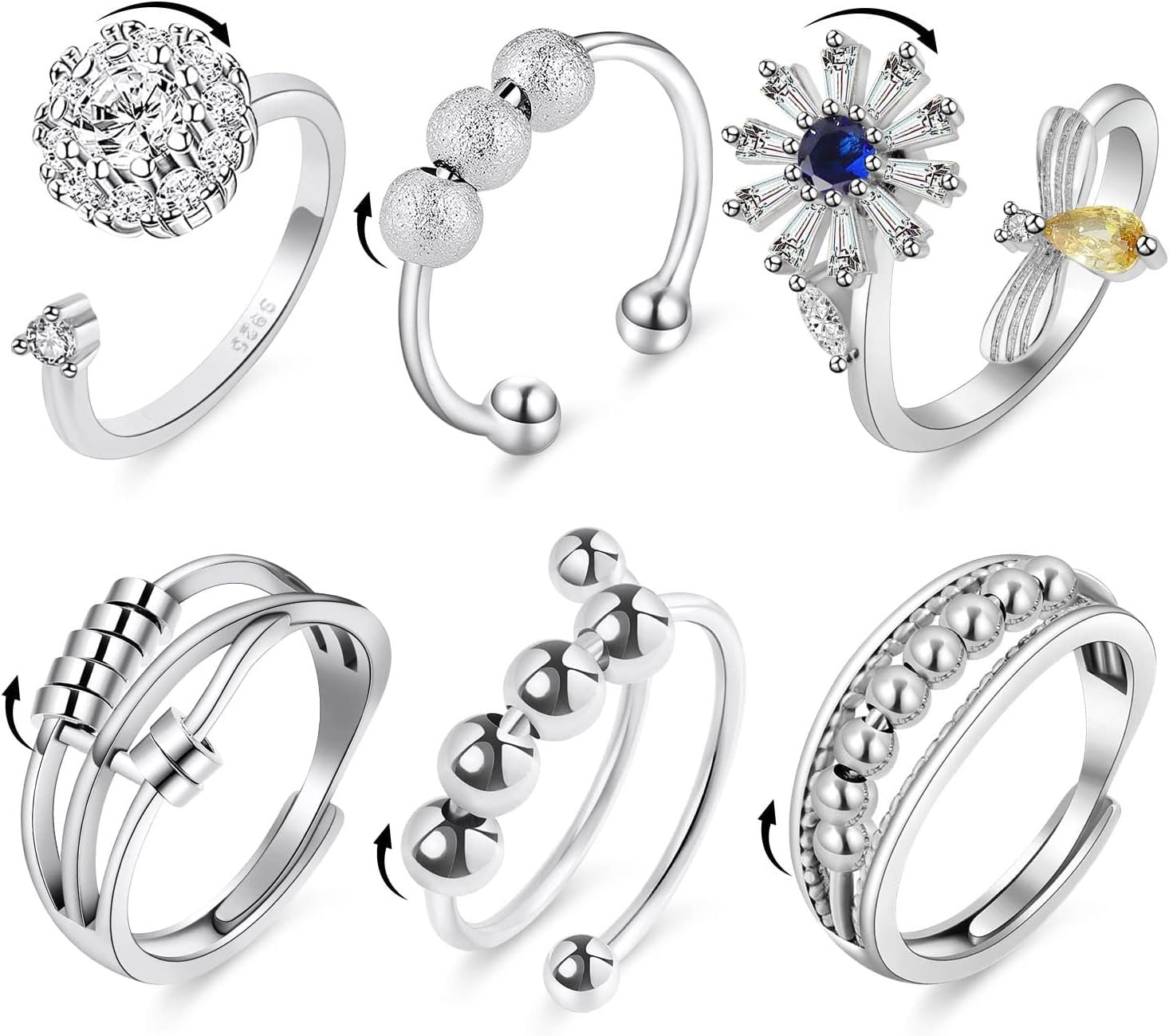 Aucuu 6PCS Anti Anxiety Fidget Ring for Women, Open Adjustable Ring, CZ Cubic Zirconia Diamond Rings, Rotatable Bead Rings, Bee Daisy Rings Set for Women Stress Relief