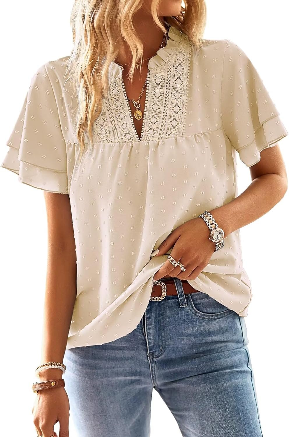 Falechay Womens Tops Butterfly Sleeve V Neck Blouses for Women Dressy Casual Flowy Swiss Dot Ruffle Short Sleeve Shirts