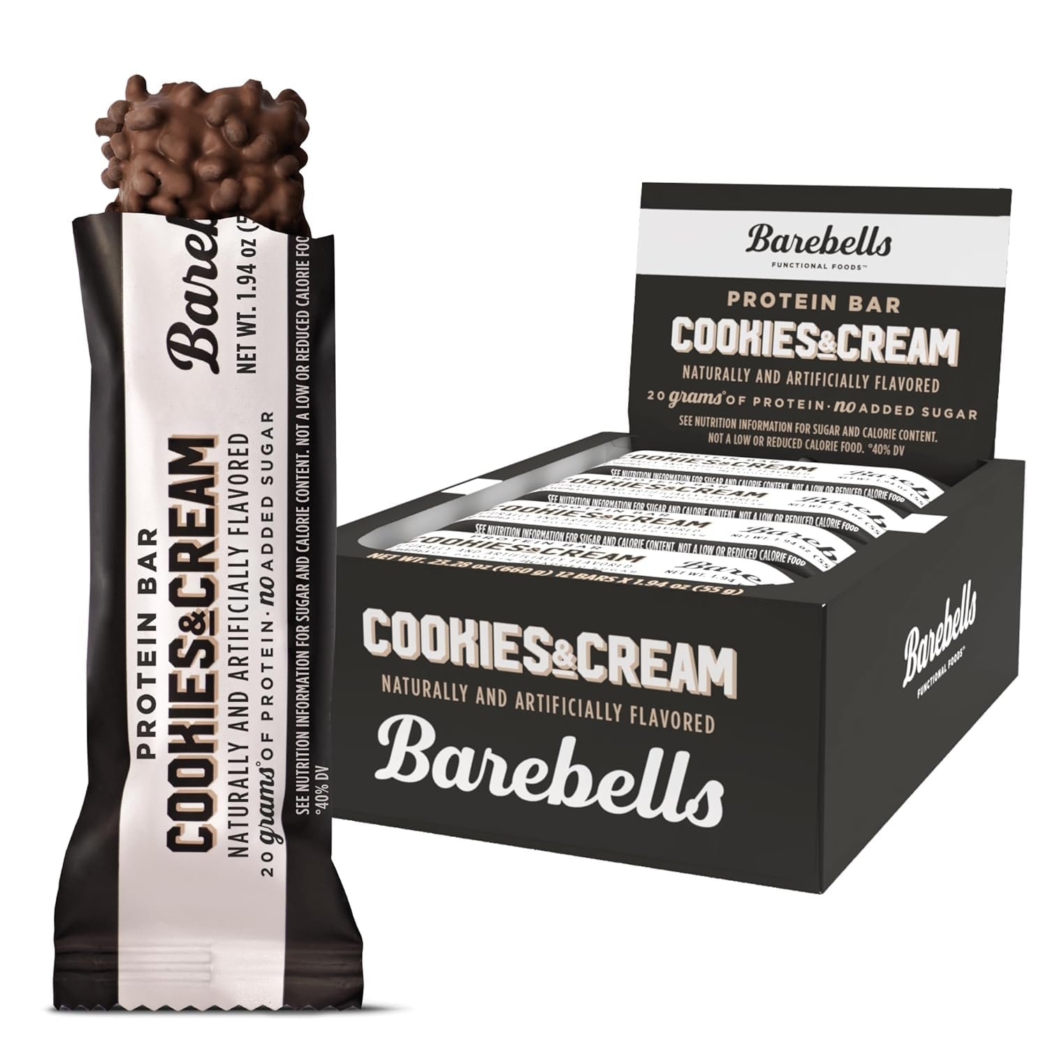 Barebells Protein Bars Cookies & Cream – 12 Count, 20g High Protein Treats – Chocolate Nutrition Bar with 1g Total Sugars – On-The-Go Breakfast or Post-Workout Snack