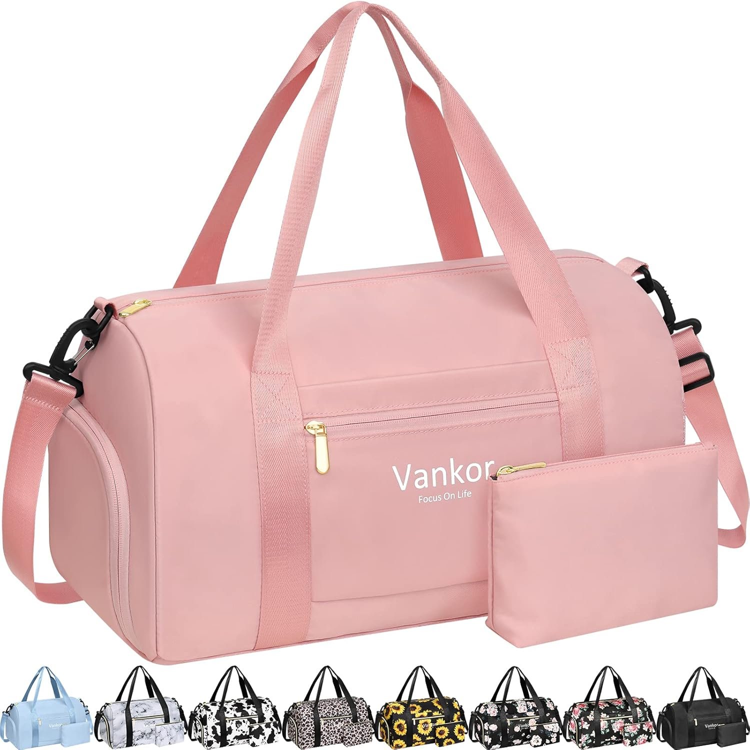 Vankor Small Gym Bag for Women with Shoe Compartment, Waterproof Sports Duffle Bag for Travel Carry on Duffel, Weekender Beach Yoga Workout Overnight Mommy Maternity Hospital Bag Pink 17.5 inches