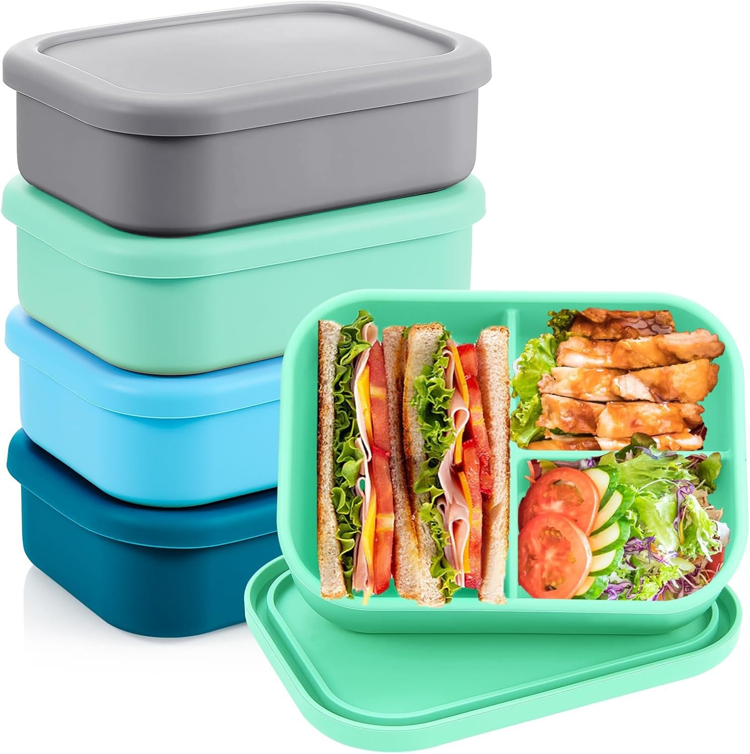 Layhit 4 Pcs Silicone Bento Box for Adults, 27 oz Bento Lunch Container Reusable Food Container for Women Men, Leak Proof Microwave Dishwasher Freezer Safe (3 Compartments,Cool Colors)