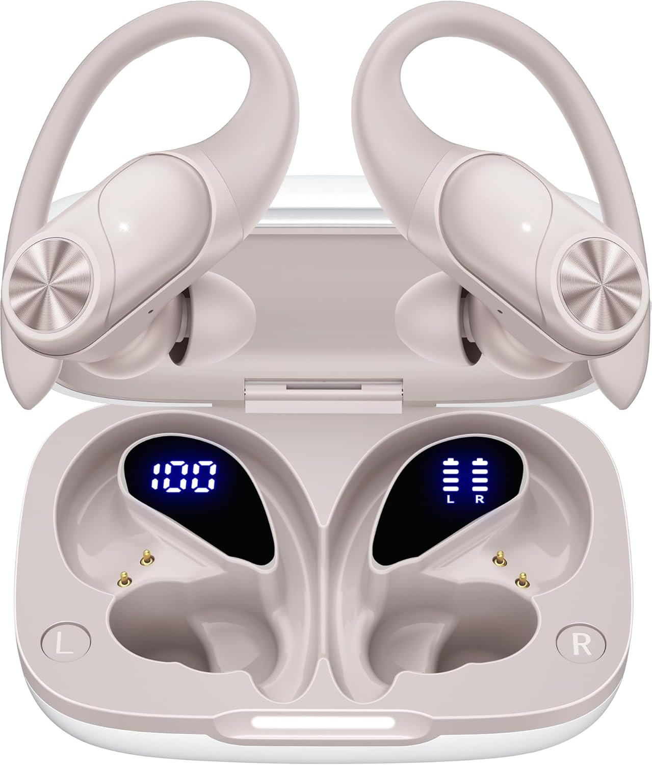 PocBuds Bluetooth Headphones Wireless Earbuds 80hrs Playtime Wireless Charging Case Digital Display Sport Ear Buds with Earhook Deep Bass IPX7 Waterproof Over-Ear Earphones for Phone Laptop Beige