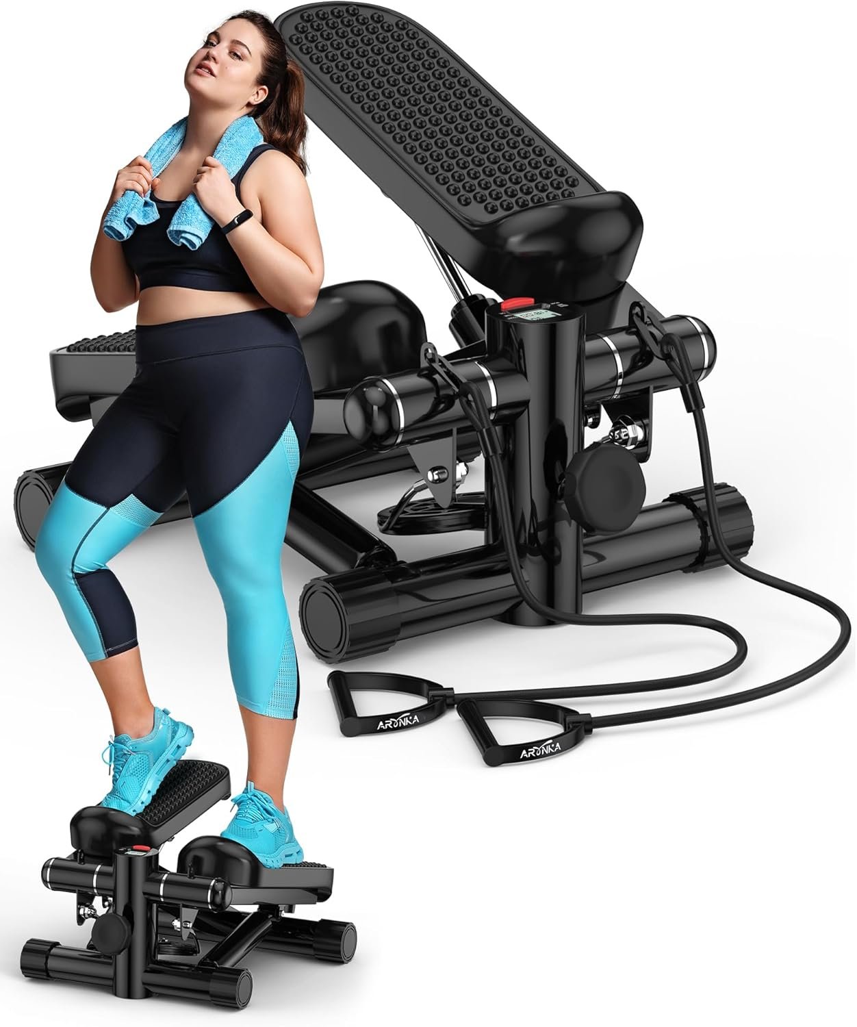 Mini Portable Stepper Machine with Resistance Bands – 330LBS Weight Capacity, Adjustable Height, LED Monitor for Full Body Workout