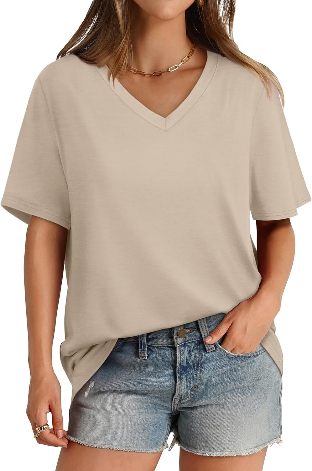 Aokosor Womens V Neck Short Sleeve T Shirts Summer Tops 2026 Casual Loose Tees Trending Now S-4XL