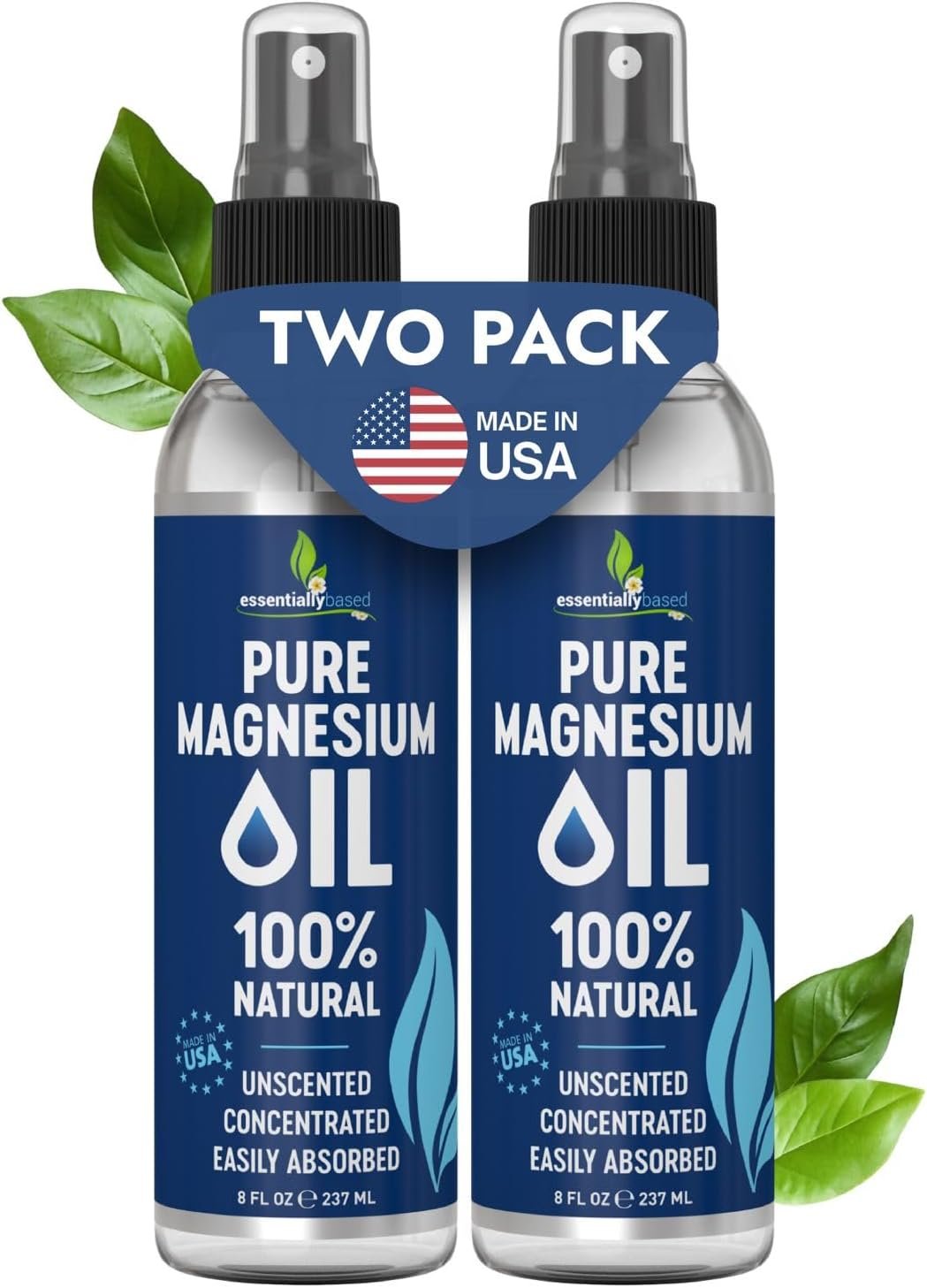 Pure Magnesium Oil Spray 8oz – Topical Magnesium Spray for Sleep & Feet – Extra Strength – USP Grade – 100% Natural and Organic Oil for Muscle Pain & Cramps – Made in USA – 2 Pack