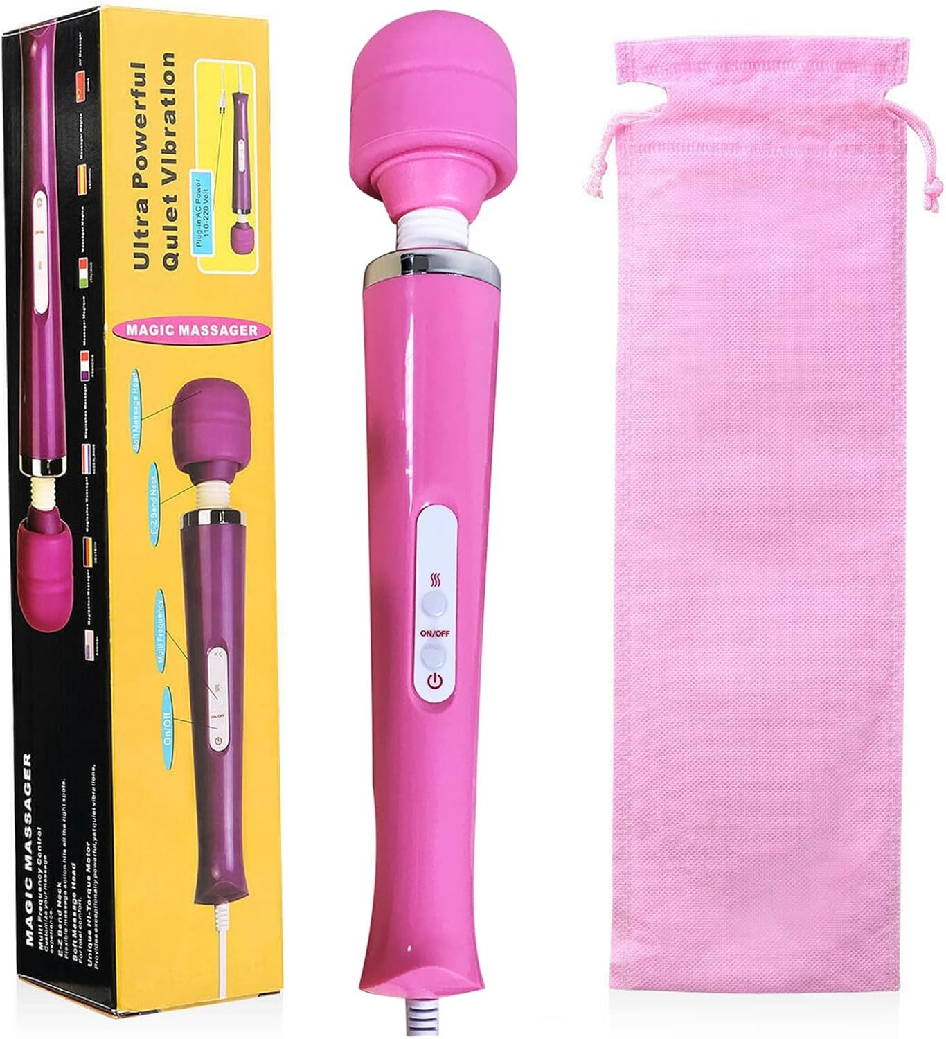 Wrrozz Powerful Big Handheld Electric Body Massager Wand Vibrating, Hand Held Deep Tissue Muscle Massager for Woman Sports Recovery Muscle Massage Tool, Pink
