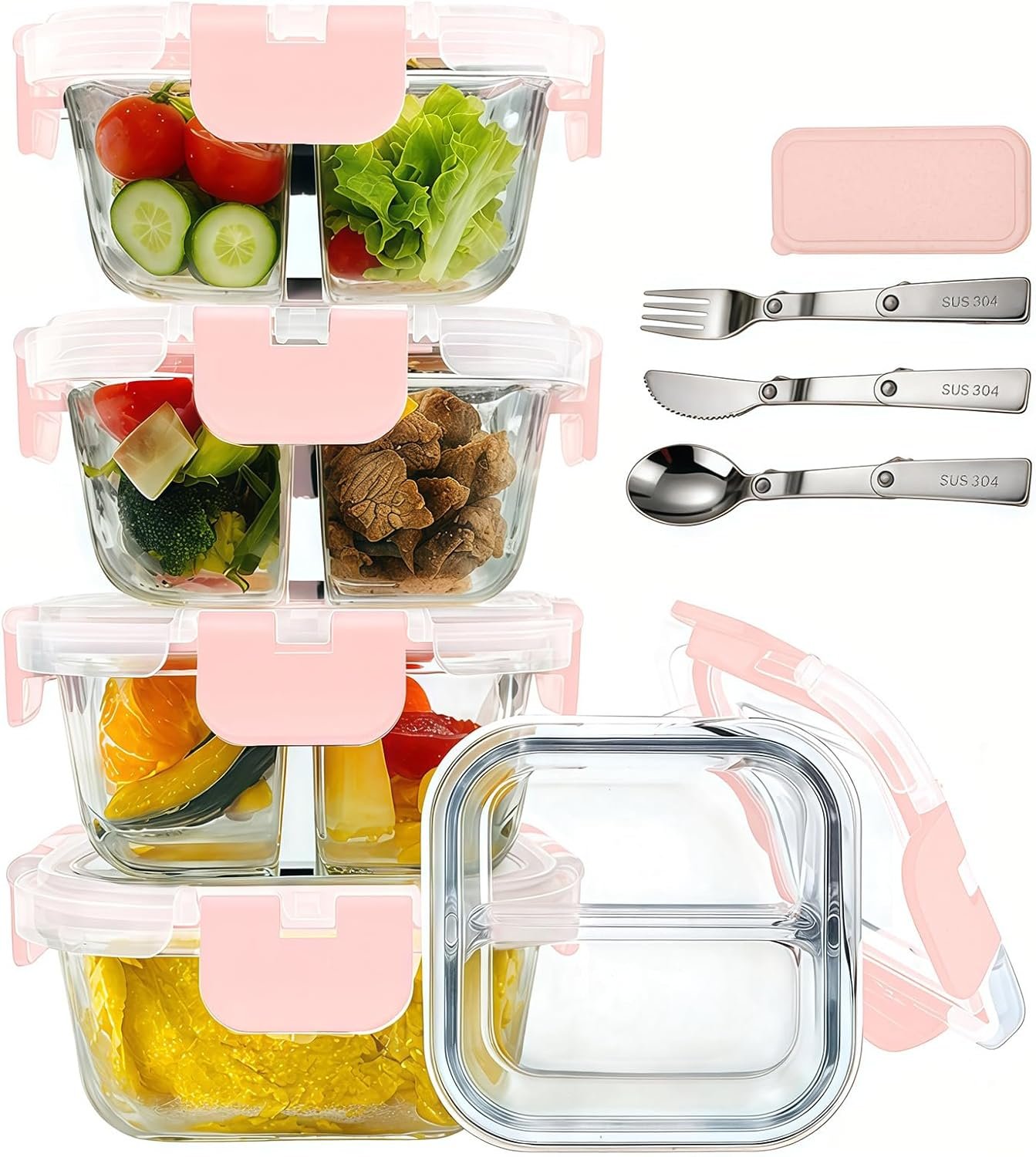 5 Pack Bariatric Meal Prep Containers, 8 oz Bariatric Bowls for Portion Control, Reusable Glass Snack Food Containers with Lids & Folding Spoon & Fork & Knife, Bariatric Must Haves (Pink)