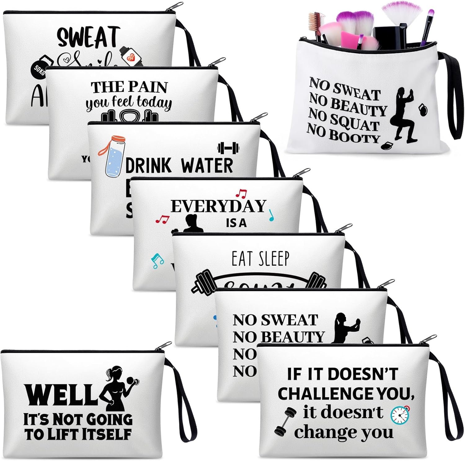 8 Pcs Workout Cosmetic Bags Workout Gifts Funny Sports Lover Gym Gifts Gym Fitness Makeup Bags for Women Body Builder Zipper Pouch for Fitness Bodybuilding Lovers
