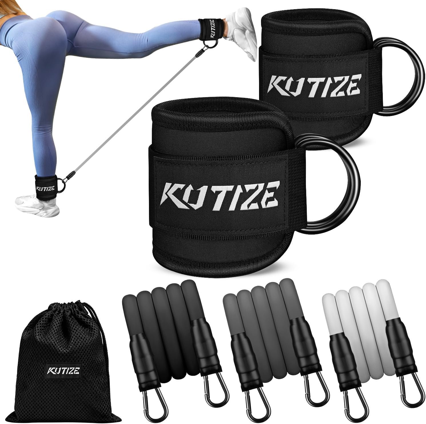 KUTIZE Ankle Resistance Bands with Cuffs for Women & Men – 3-Level Adjustable Leg & Glute Workout Equipment, Portable Home Gym Exercise Bands for Kickbacks, Hip Thrusts, Yoga, Strength Training