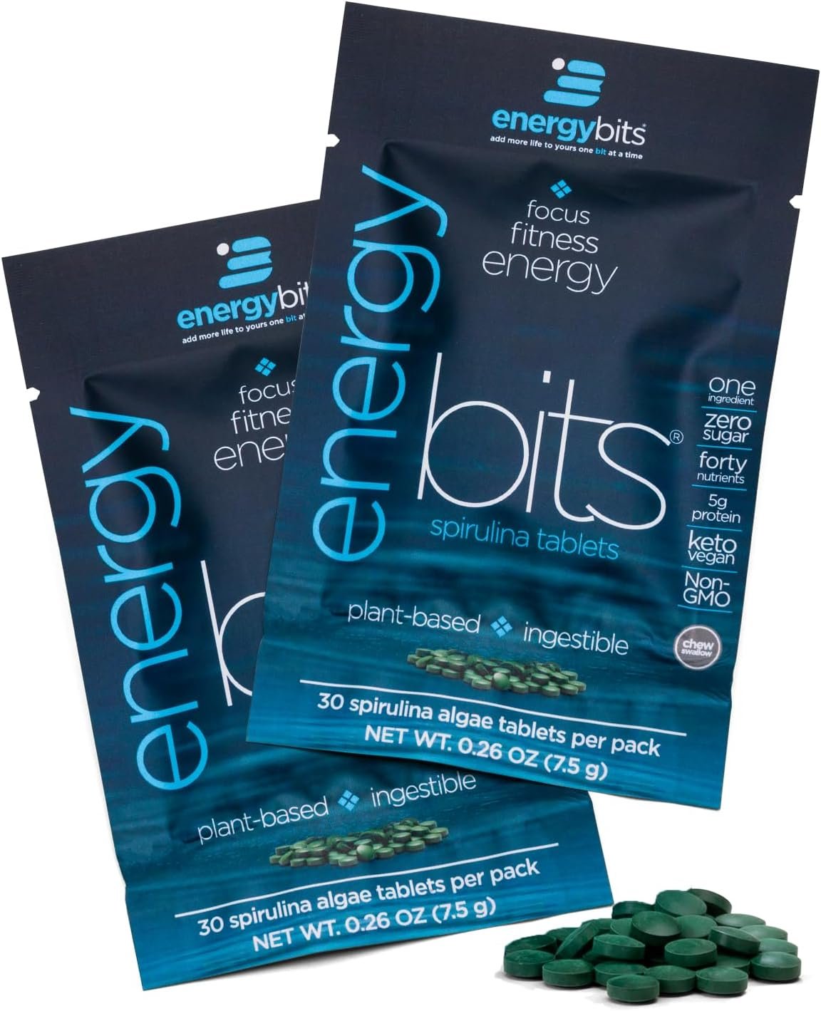 ENERGYBITS Organic Spirulina Tablets (60 Algae Tablets) Natural Superfood for Energy, Fitness & Focus – 5g Protein, 1 Calorie, Sugar Free – Omega 3 – Spirulina Capsules – Gluten Free, Keto & Vegan