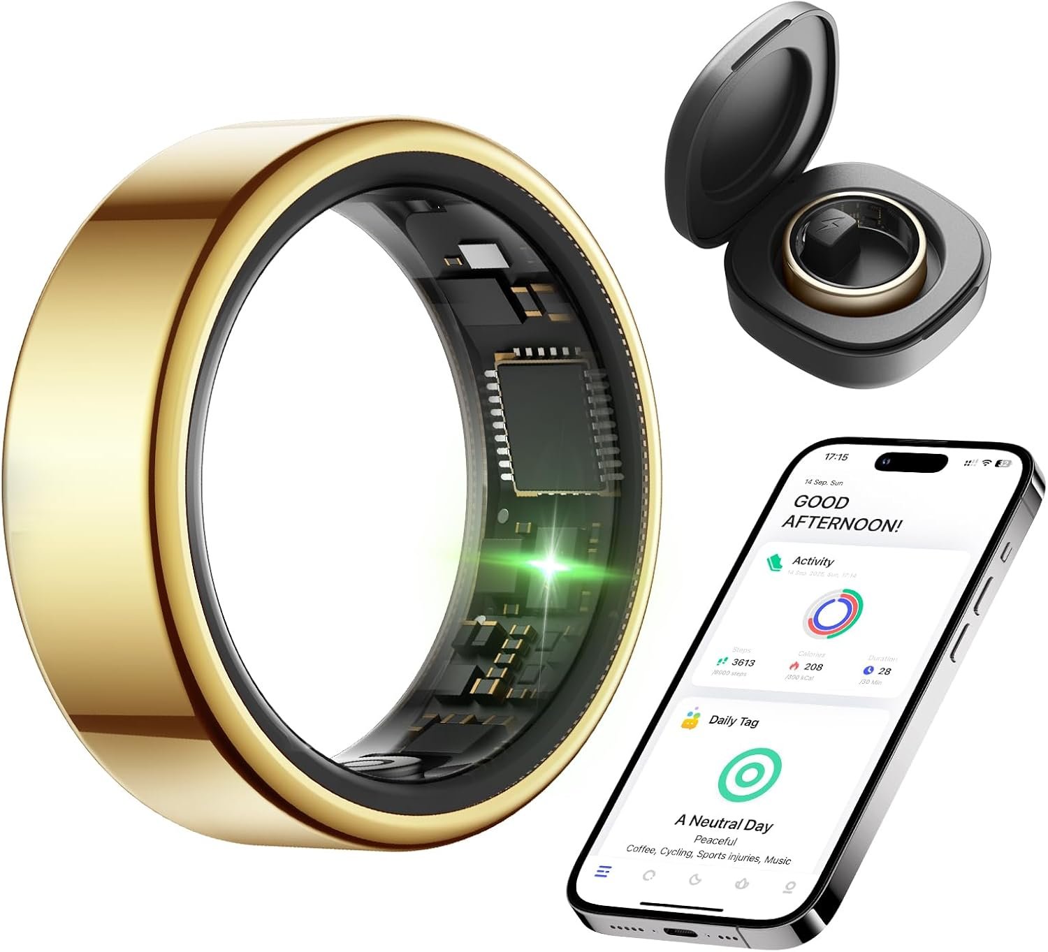 KIRAMA Smart Health Ring for Women Men Fitness Tracker with Heart Rate, Support Sleep Monitoring and Exercise Recording, IP68 Waterproof for iOS and Android, No APP Fee，Ultra-Thin Design (Gold, 9)
