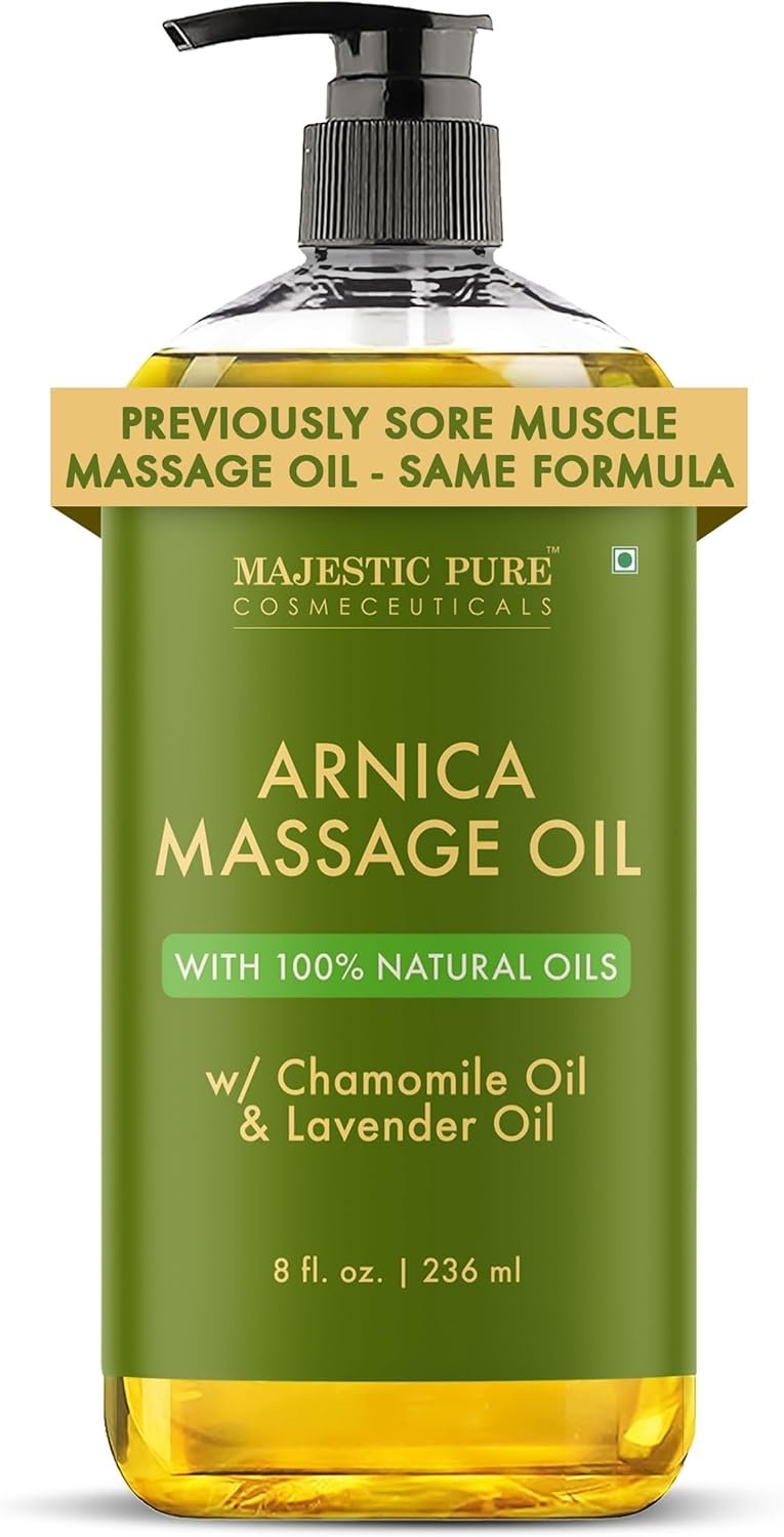 MAJESTIC PURE Arnica Sore Muscle Massage Oil for Massage Therapy – Refreshing and Relaxing – Natural Oils with Lavender & Chamomile Essential Oils – All Skin Types – Men & Women Massage Lotion-8 fl oz