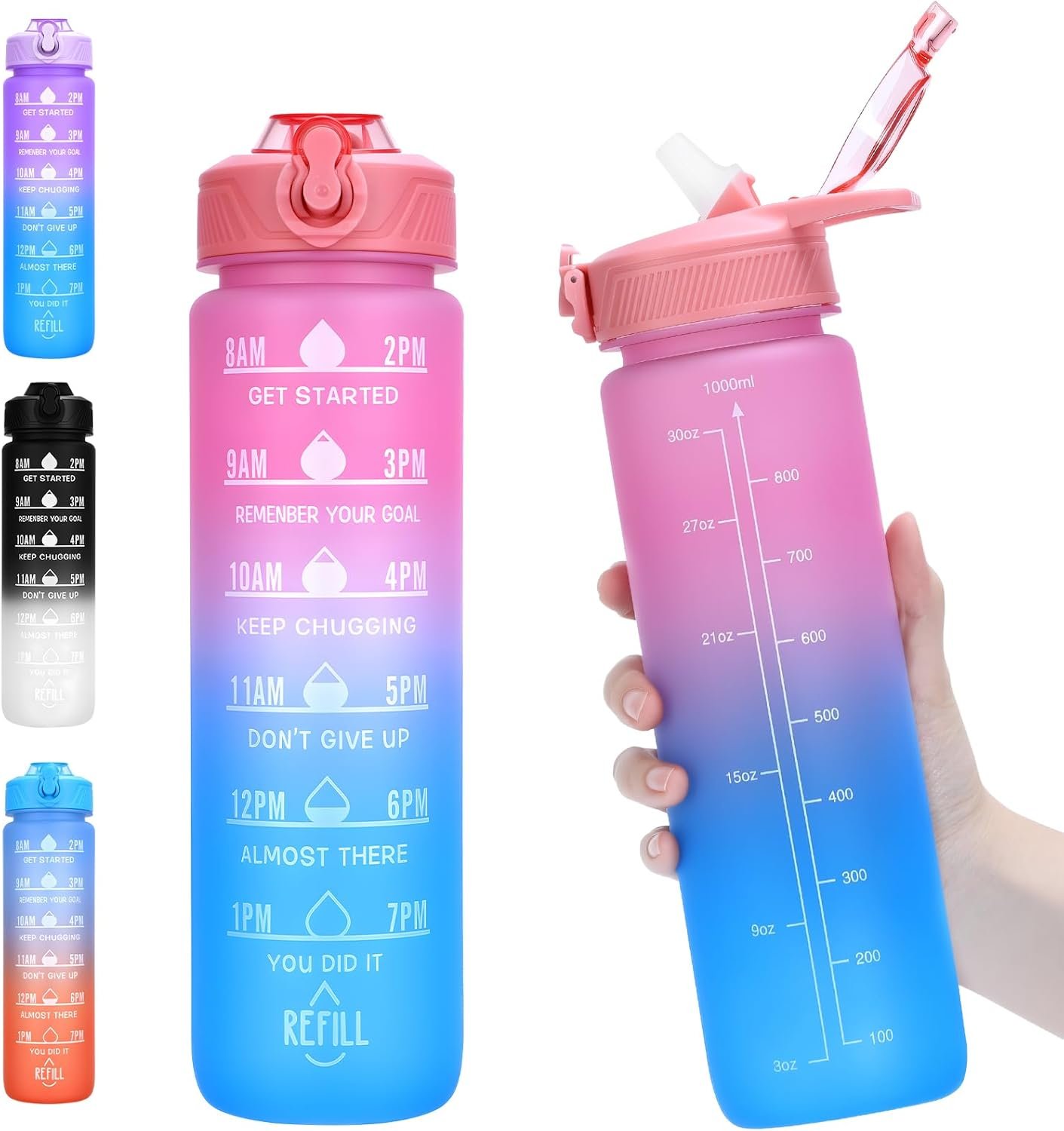 Water Bottle with Straw, 32oz Motivational Water Bottles with Time Marker, LeakProof Tritan BPA Free,Sports Water Bottle with Handle for Women Man Gym Fitness Outdoor(Pink)
