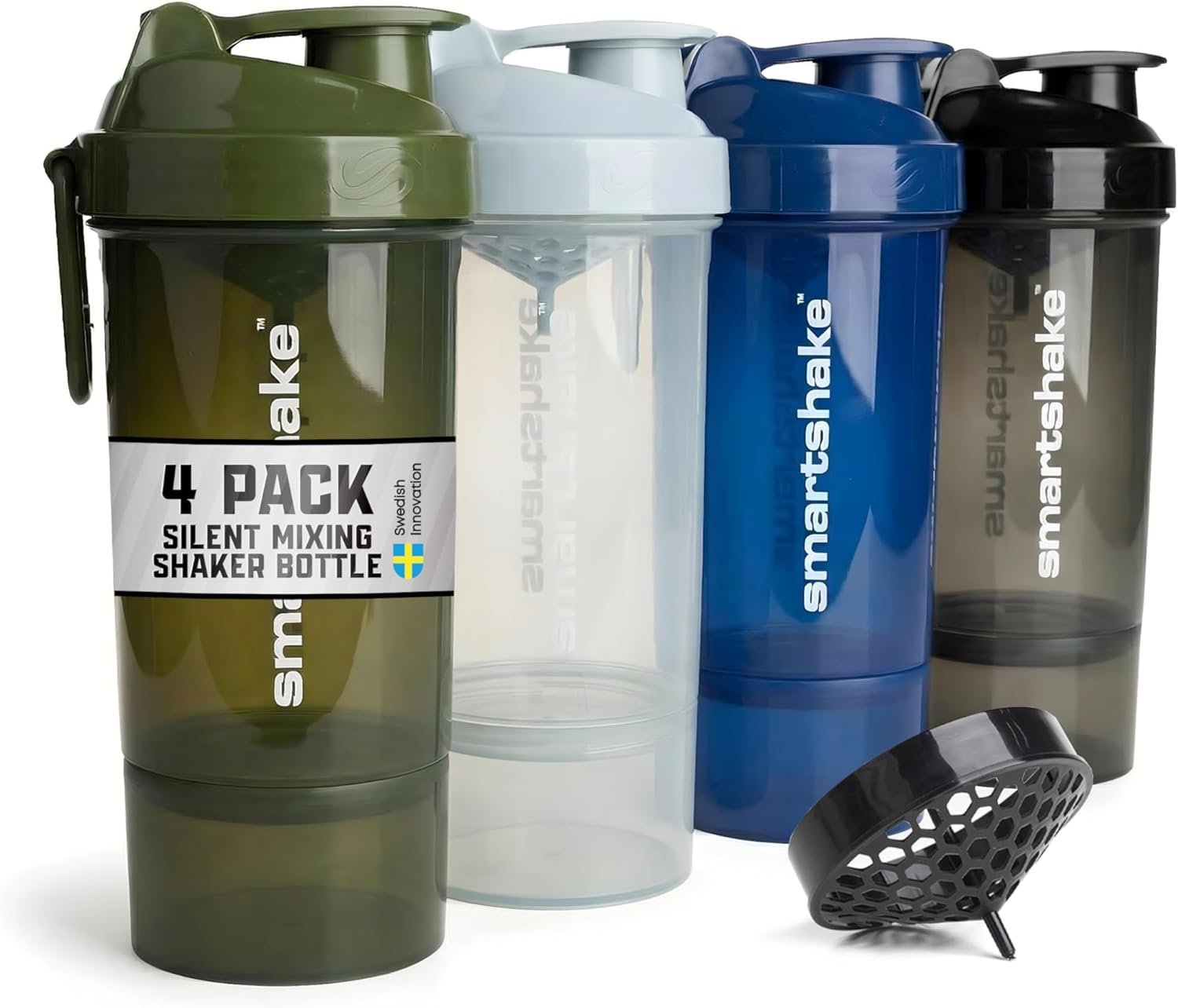 Smartshake O2GO ONE 4-Pack Protein Shaker Bottle 800 ml | 27 oz – Storage Included – Leakproof Screw-on Lid – BPA Free – Unisex – Mist Gray, Army Green, Black, Navy Blue