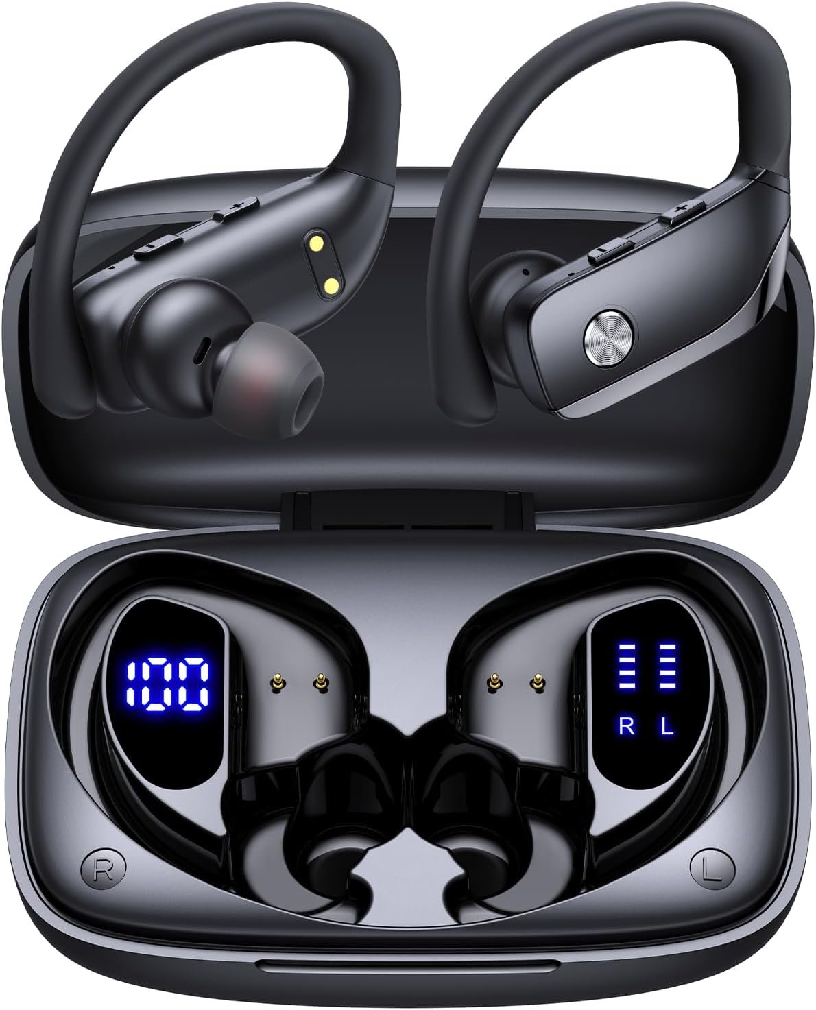 bmanl Wireless Earbuds Bluetooth Headphones Over Ear Hooks Ear Buds with 80H Playtime, LED Power Display, Dual Mic Clear Calls, Sports Wireless Ear Buds Bluetooth Earbuds for Running Gym Workout Black