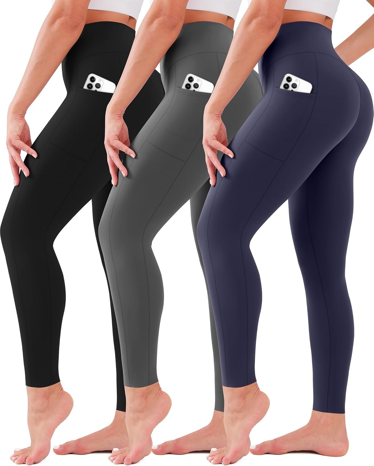 SUNCLOVE 3 Pack Leggings with Pockets for Women High Waisted Tummy Control Soft Yoga Pants Womens Workout Gym Leggings