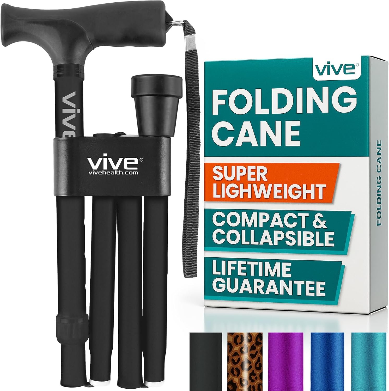Vive Folding Cane – Foldable Walking Cane for Men, Women – Fold-up, Collapsible, Lightweight, Adjustable, Portable Hand Walking Stick – Balancing Mobility Aid – Sleek, Comfortable