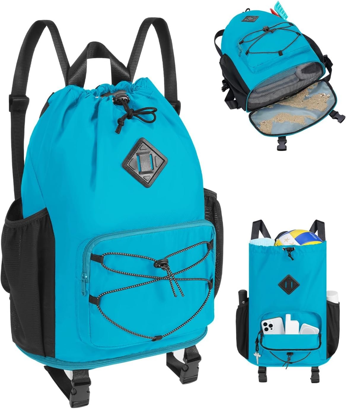 WANDF Drawstring Backpack with Removable Wet Pocket, Sandproof Beach Backpack with Bottom Compression Strap for Beach Mat, Swim Bag for Pool, Gym, Travel and Workout Gear (Teal)
