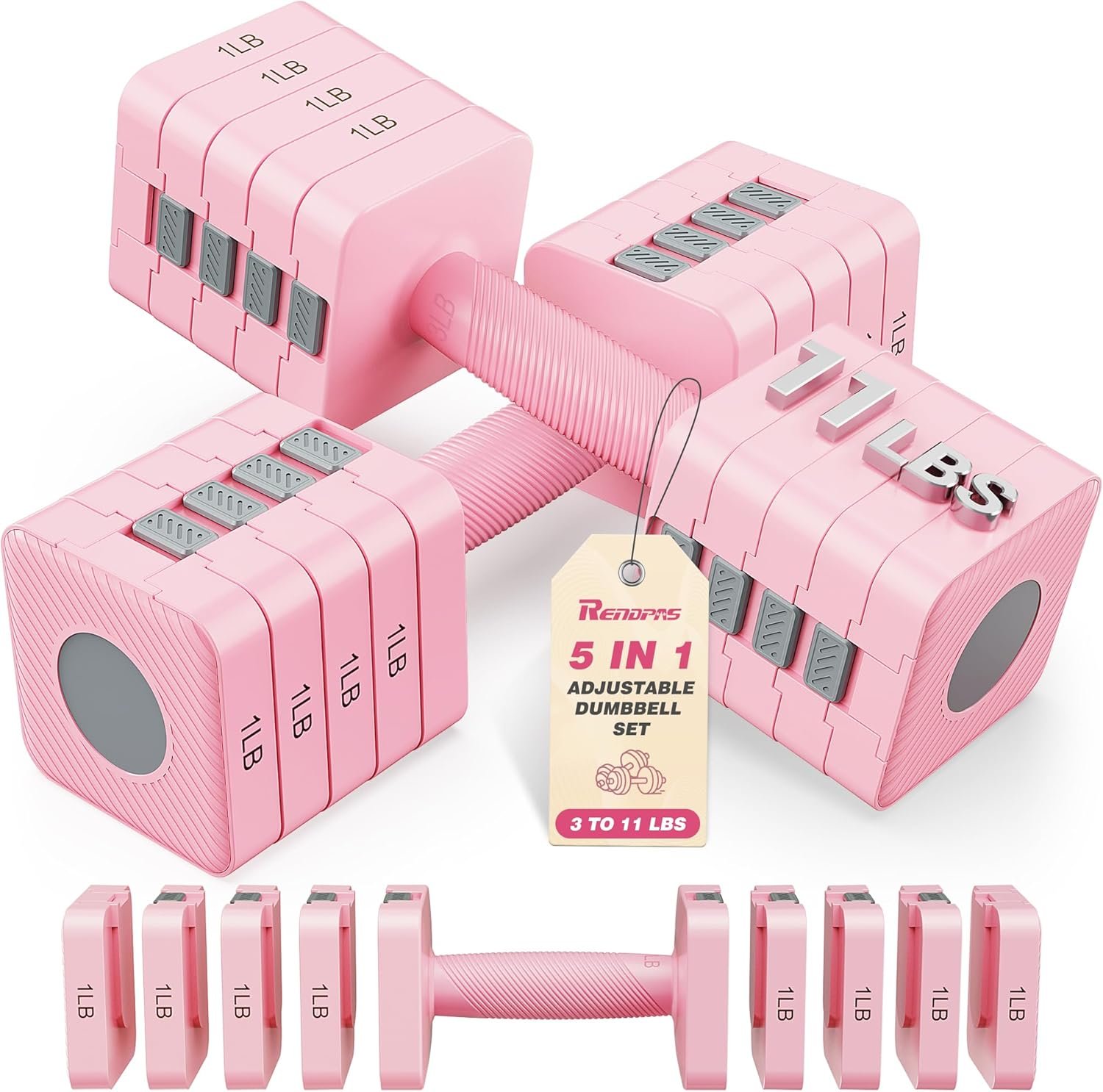 Rendpas Adjustable Dumbbell Set of 2, 1-Sec Quick-Adjust Dual-Lock Design Dumbbell Set for Women & Men, Compact No-Roll Hand Weights for Home Gym Strength Training & Pilates