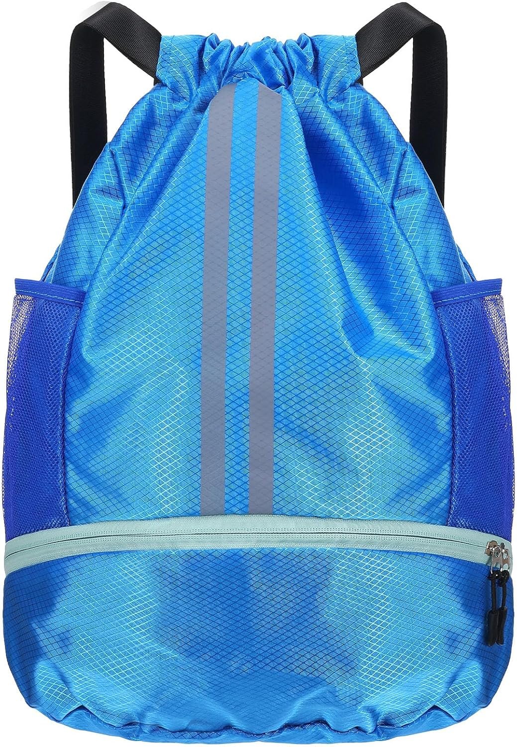 Drawstring Gym Bag with Shoe Compartment and Side Mesh Pockets, Waterproof Sports Drawstring Backpack, Wet and Dry Separation String Backpack for Women Men, Suitable for Fitness, Swimming, Football