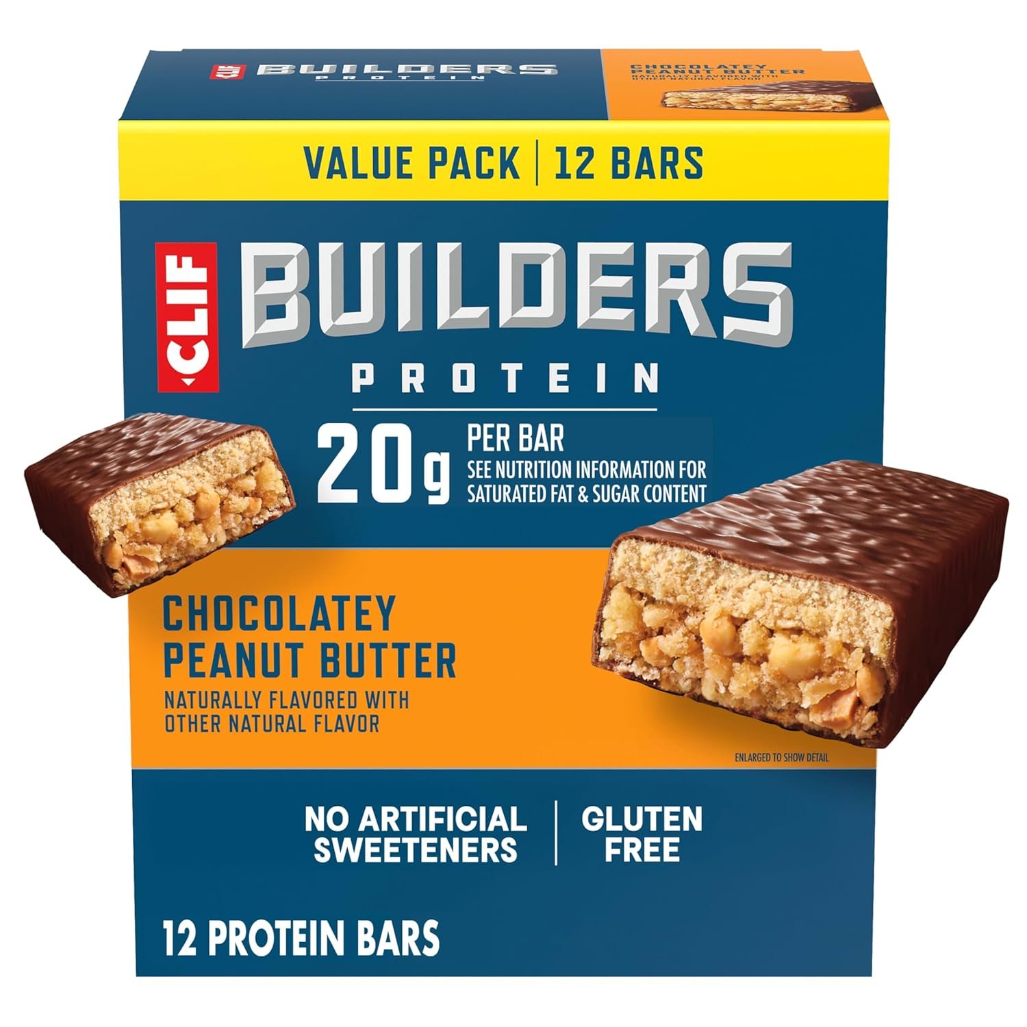 CLIF BUILDERS Protein Bars – Chocolatey Peanut Butter – 20g Plant Based Protein – Gluten Free – Non-GMO – Low Glycemic – No Artificial Sweeteners – 2.4 oz. (12 Pack)