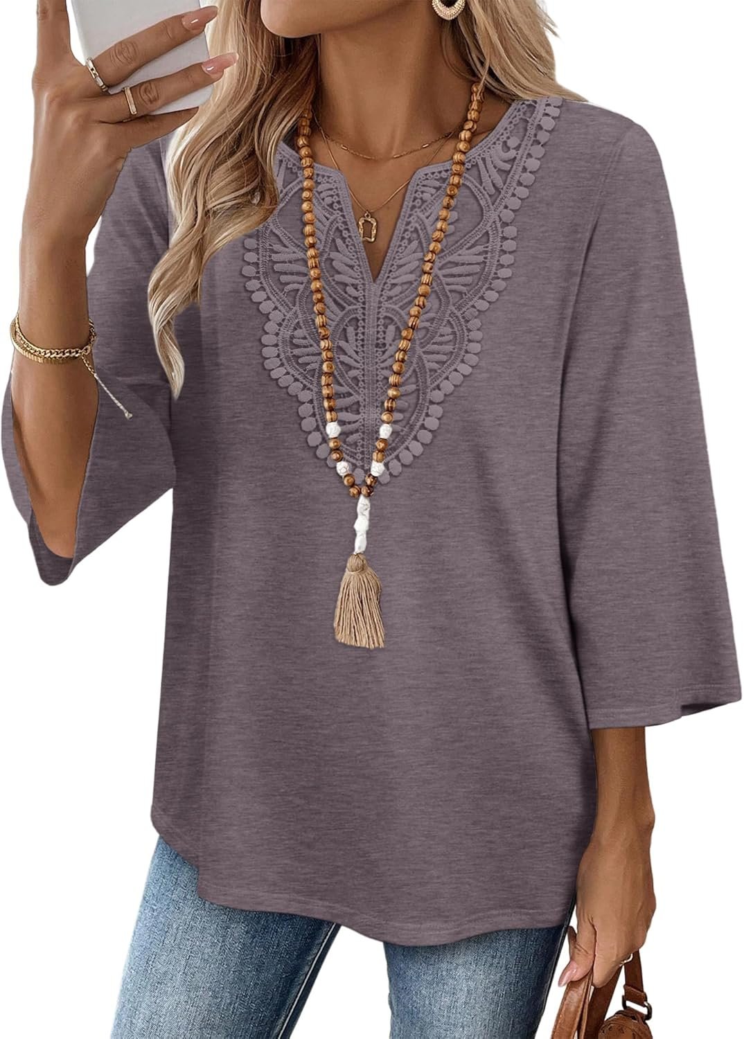 WIHOLL 3/4 Length Sleeve Womens Tops Boho V Neck Lace Shirt Trendy Blouses Dressy Casual Vacation Clothes S-3XL