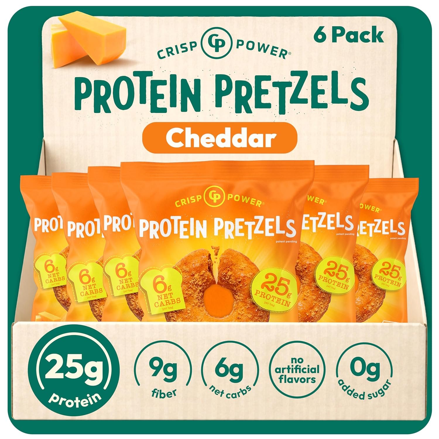 CRISP POWER Protein Pretzels, NEW Cheddar, 25G Protein, High Protein Snack, High Fiber, Low Carb Crunchy Pretzel Snacks, No Added Sugar, 1.75 oz Bags, 6 Pack, Vegan, Keto