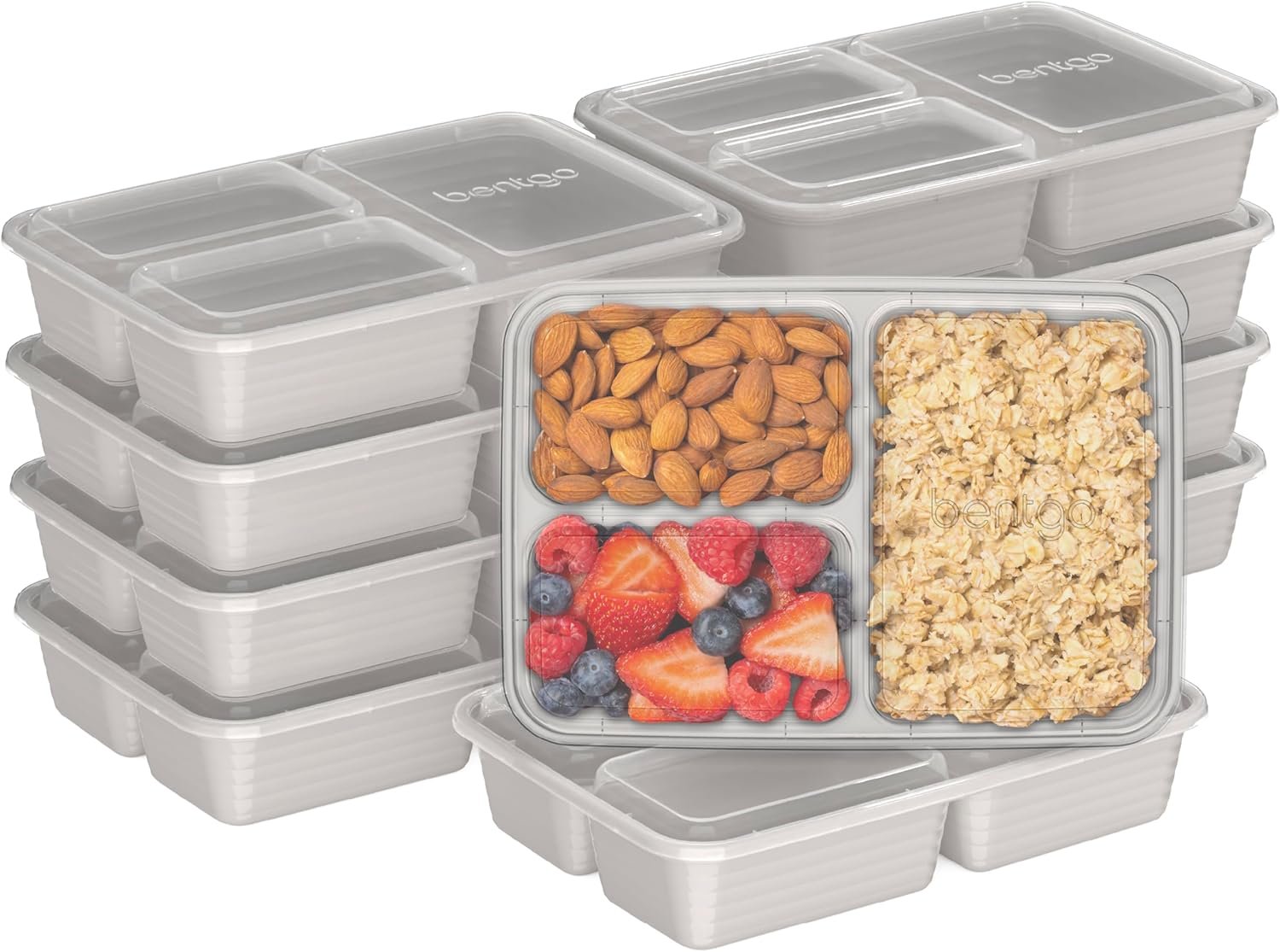 Bentgo Prep – 20-Piece 3-Compartment Reusable Meal Prep Containers with Lids, PFAS & BPA Free Materials, Durable, Microwave, Freezer, & Dishwasher Safe To Go Food Storage (Stone Gray)