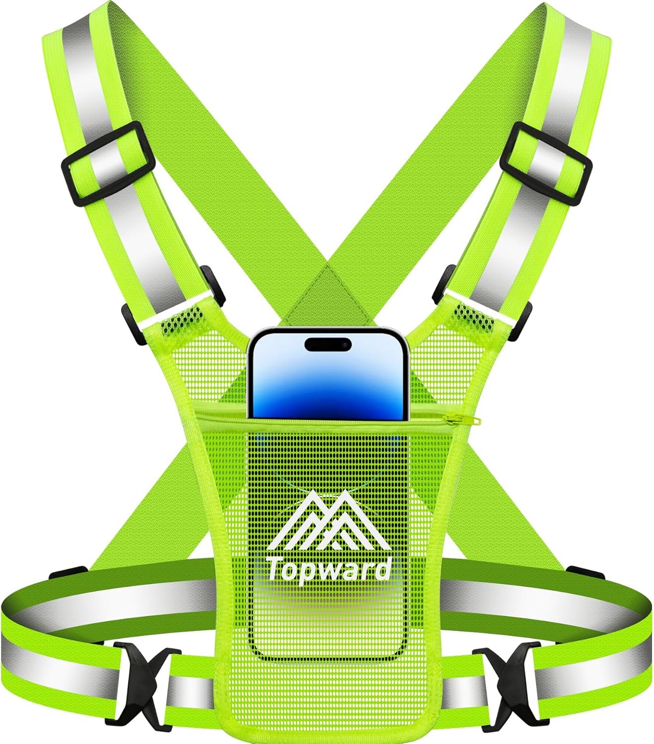 Topward Running Vest Chest Phone Holder for Women Men, Reflective Vest Safety Gear for Dog Walking Cycling – Adjustable Waist/Shoulder