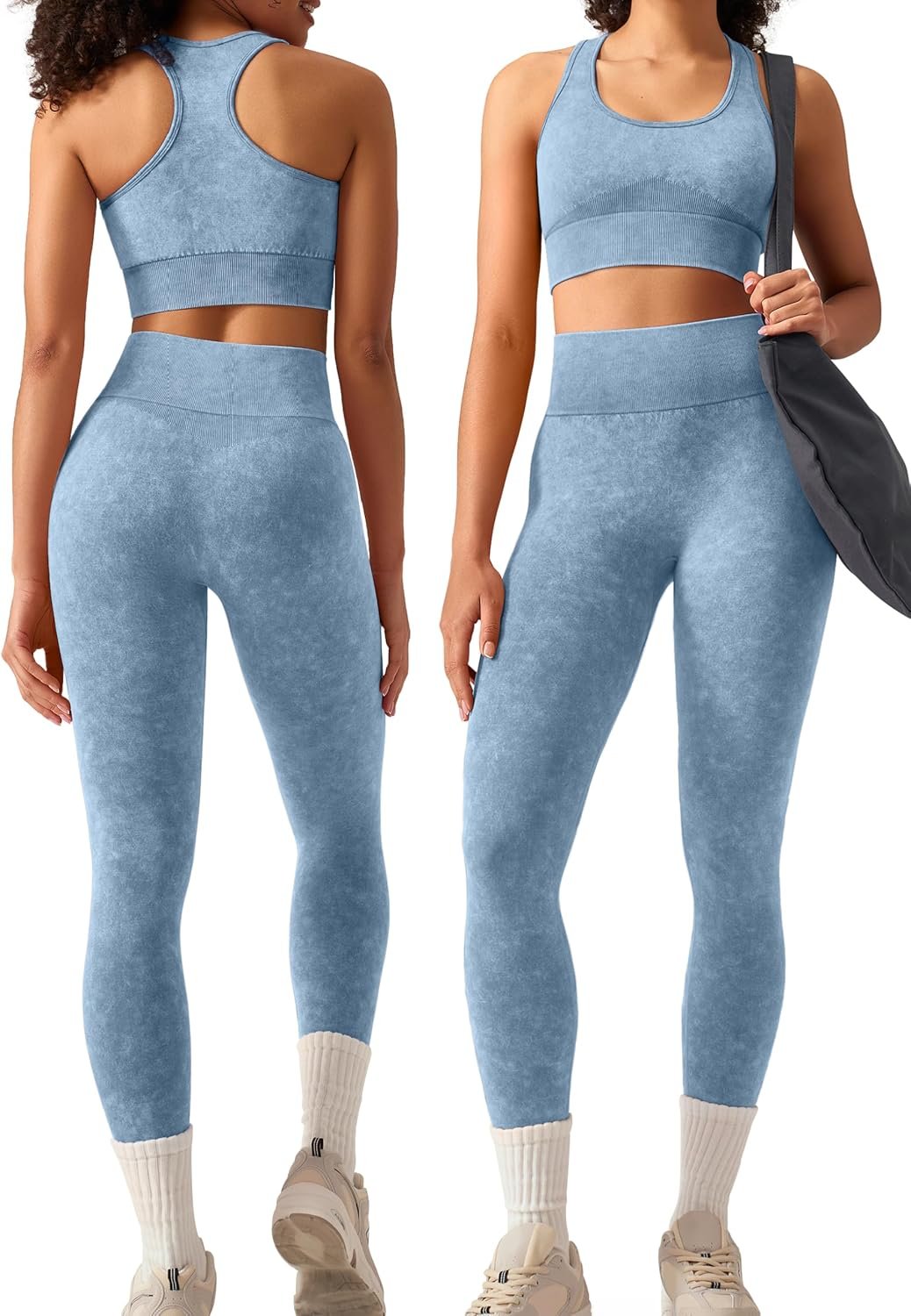 OLCHEE Womens Workout Sets 2 Piece – Acid Wash Seamless Yoga Outfits High Waist Leggings Padded Racerback Sports Bra Gym Set