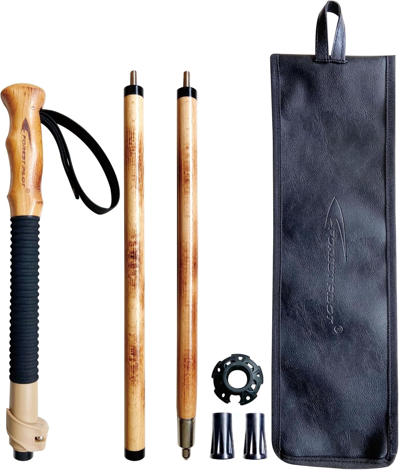 FOREST PILOT Trekking Poles- 1-pc Pack – Adjustable Hiking or Walking Stick –Strong, Natural Beech Wood – Quick Adjust Flip-Lock – Beech Wood Grip, Leather Strap