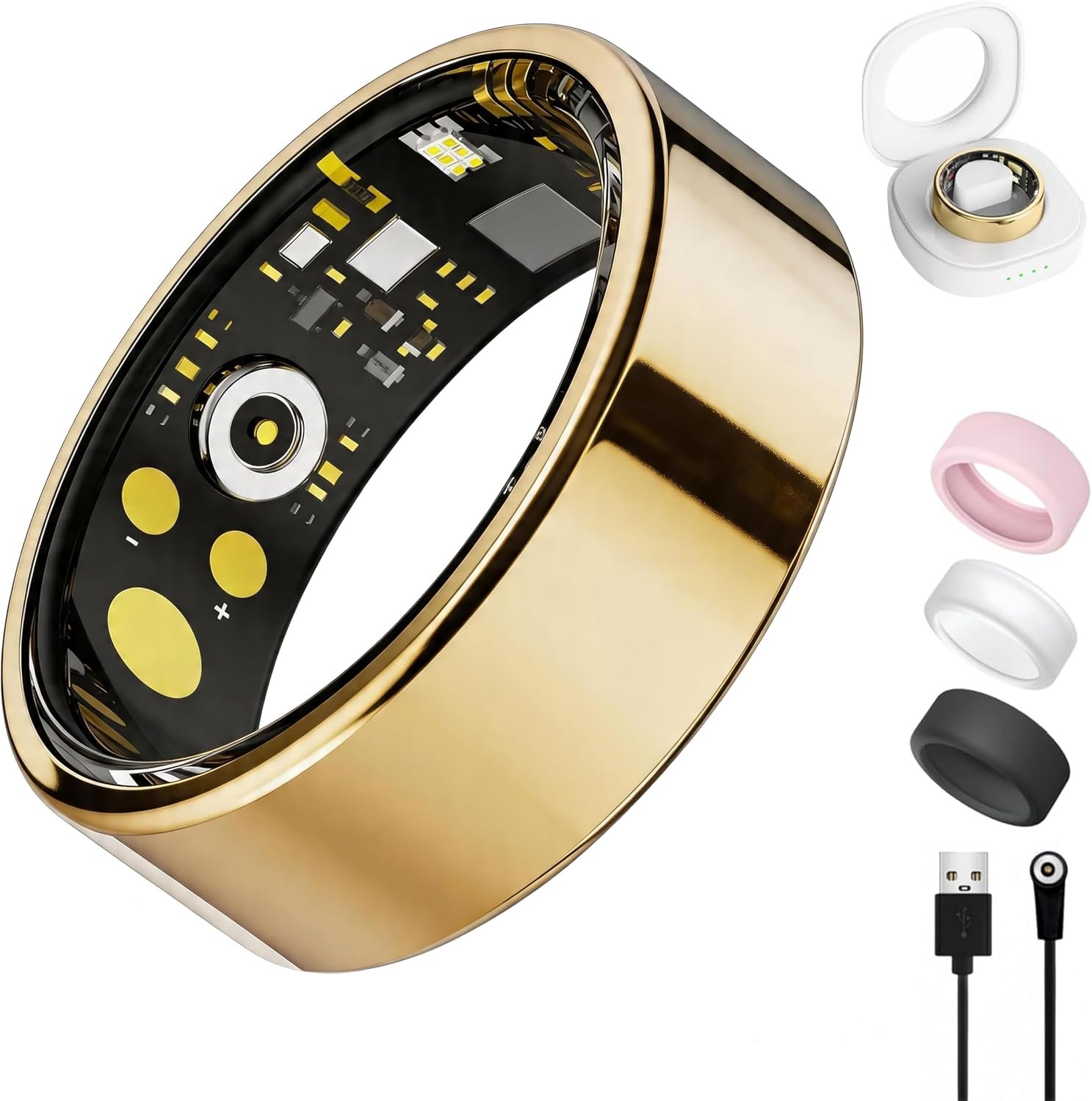 Smart Ring for Women Men, Health Tracker with Heart Rate/Blood Oxygen/Blood Pressure/Sleep Monitoring/Step Counting, IP68 Waterproof Fitness Ring, No App Fees for iPhone & Android (Gold, 8#)