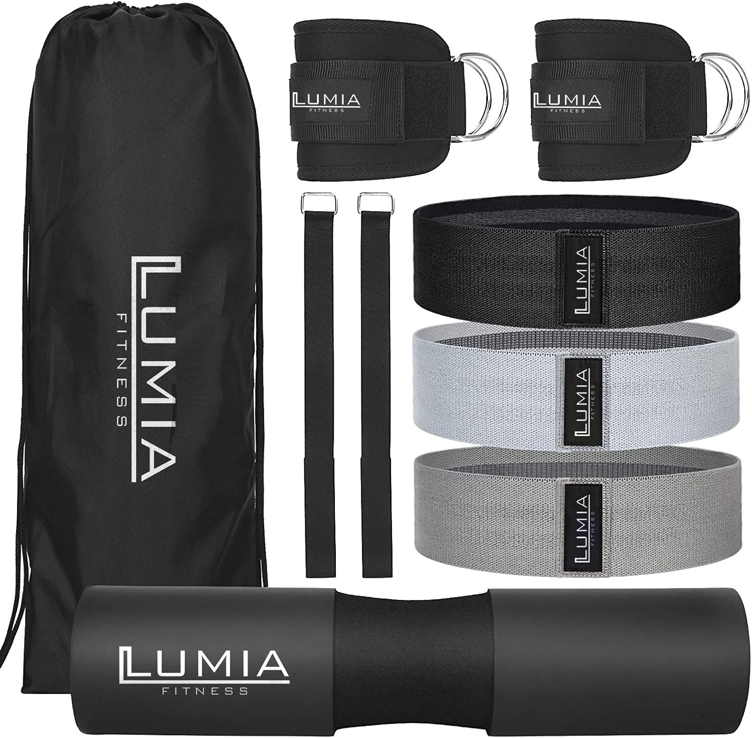 7 Piece Glute Workout Kit, Barbell Squat Pad, 3 Fabric Resistance Bands, 2 Ankle Straps, Carry Bag – Gym Accessories for Men and Women