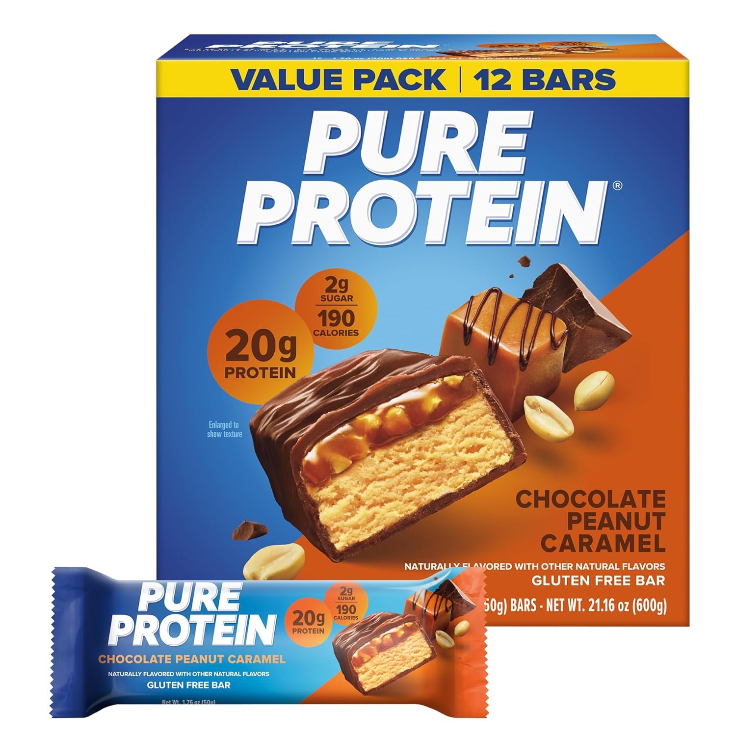 Pure Protein Chocolate Peanut Caramel Protein Bars – 20g Protein, 3g Sugar, 190 Calories (12 count) Low Sugar* High Protein Snack – Gluten Free – Perfect for a Healthy Snack