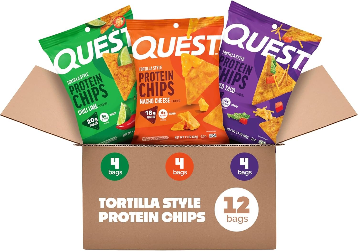 Quest Nutrition Tortilla Style Protein Chips Variety Pack, Chili Lime, Nacho Cheese, Loaded Taco, Low Carb, High Protein, Gluten Free, 1.1 oz (Pack of 12)