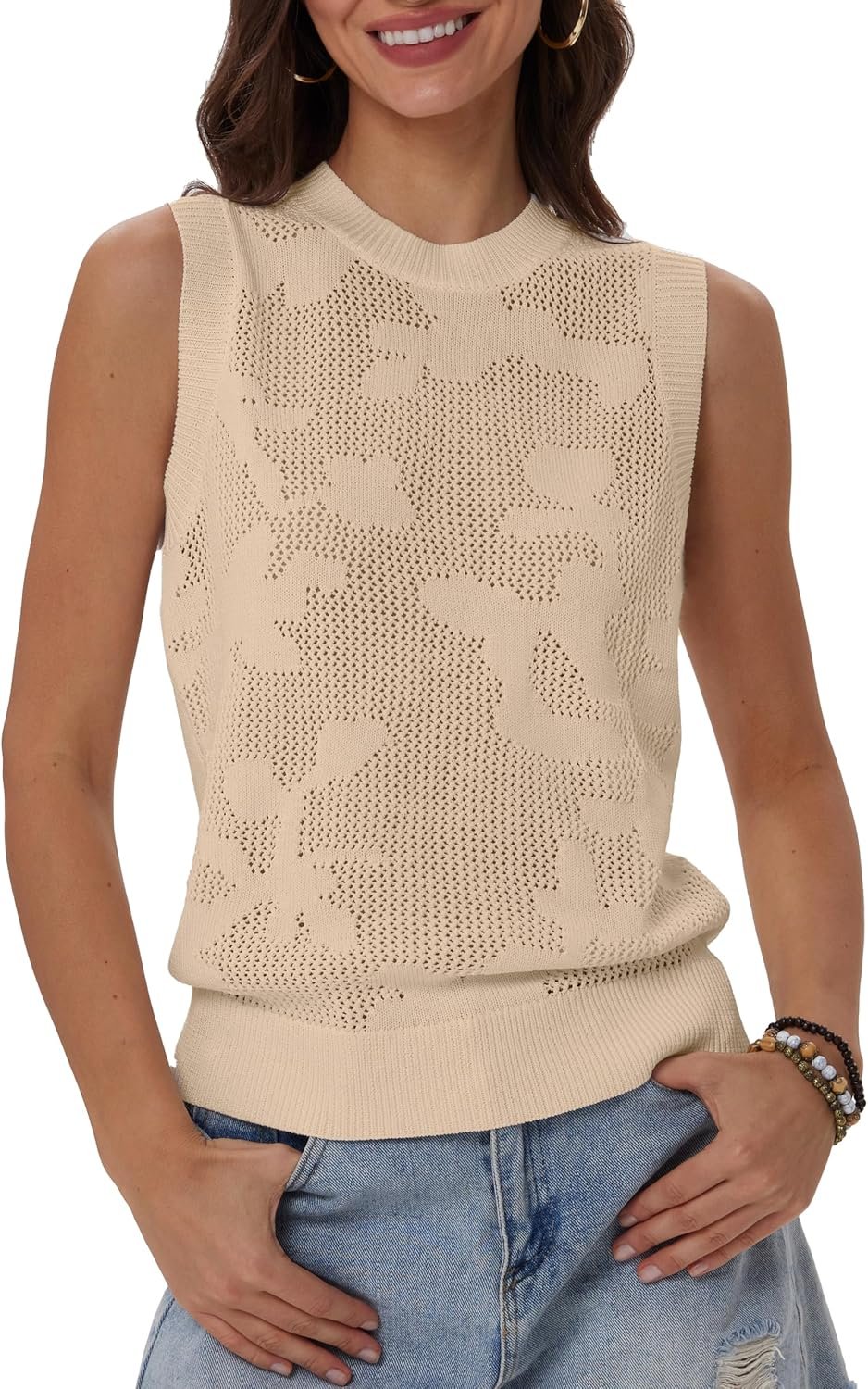 Women’s Floral Crochet Sweater Vest Sleeveless Hollow Out Knit Crop Tank Top Lightweight Boho Crewneck Summer Outfits