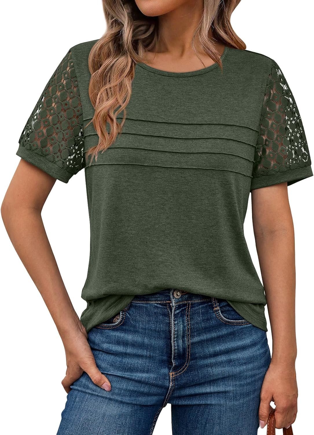 AUTOMET Women’s Short Sleeve Shirts Dressy Lace Summer Tops 2026 Spring Trendy Casual T-Shirts Cute Work Outfits Blouses