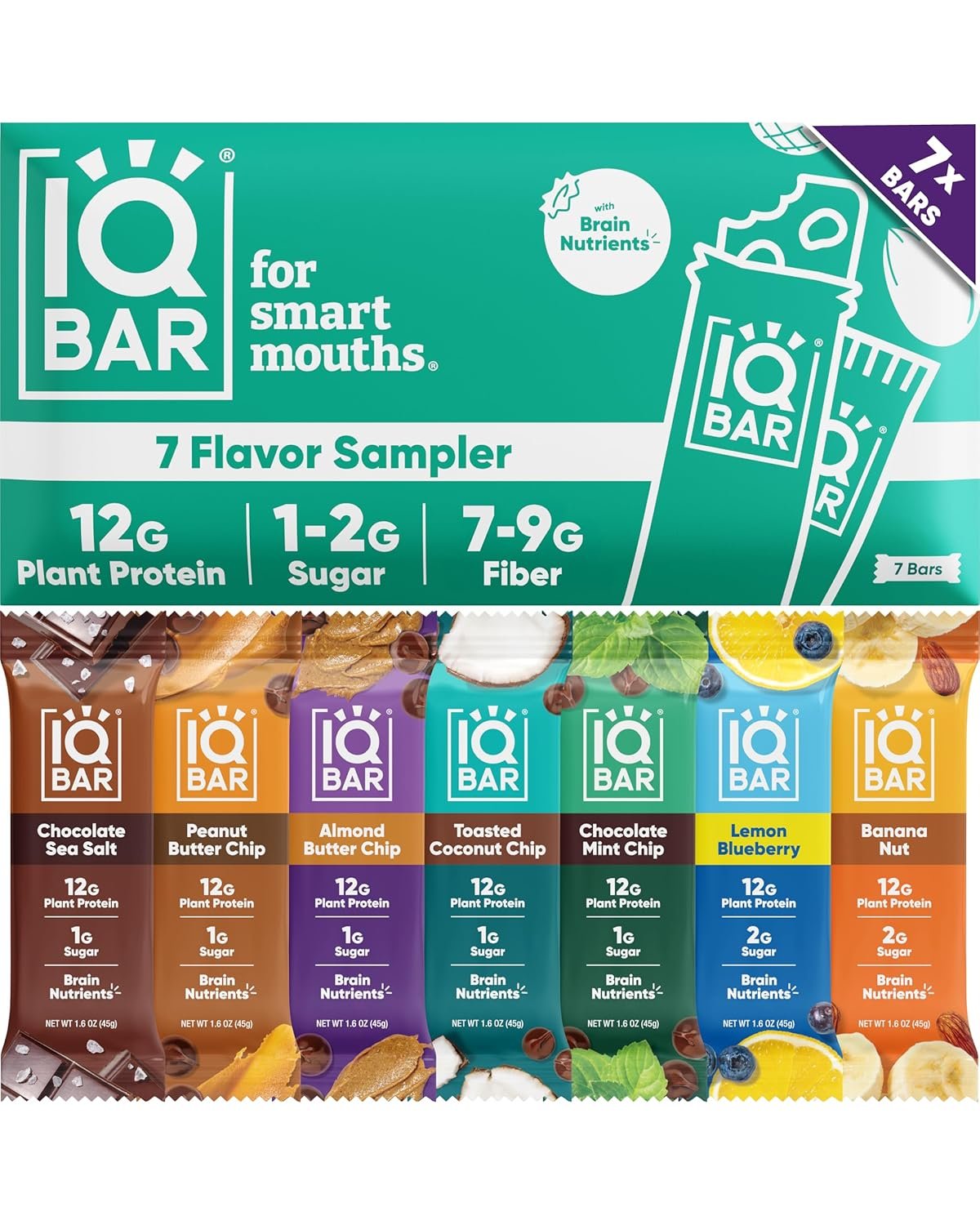 IQBAR Clean Plant Protein Bars – Bar Sampler – 7 Count – Keto, Vegan, High Fiber, Gluten and Dairy Free, Low Sugar Snack – Brain and Body Nutrients for Focus, Energy, Meal Replacement