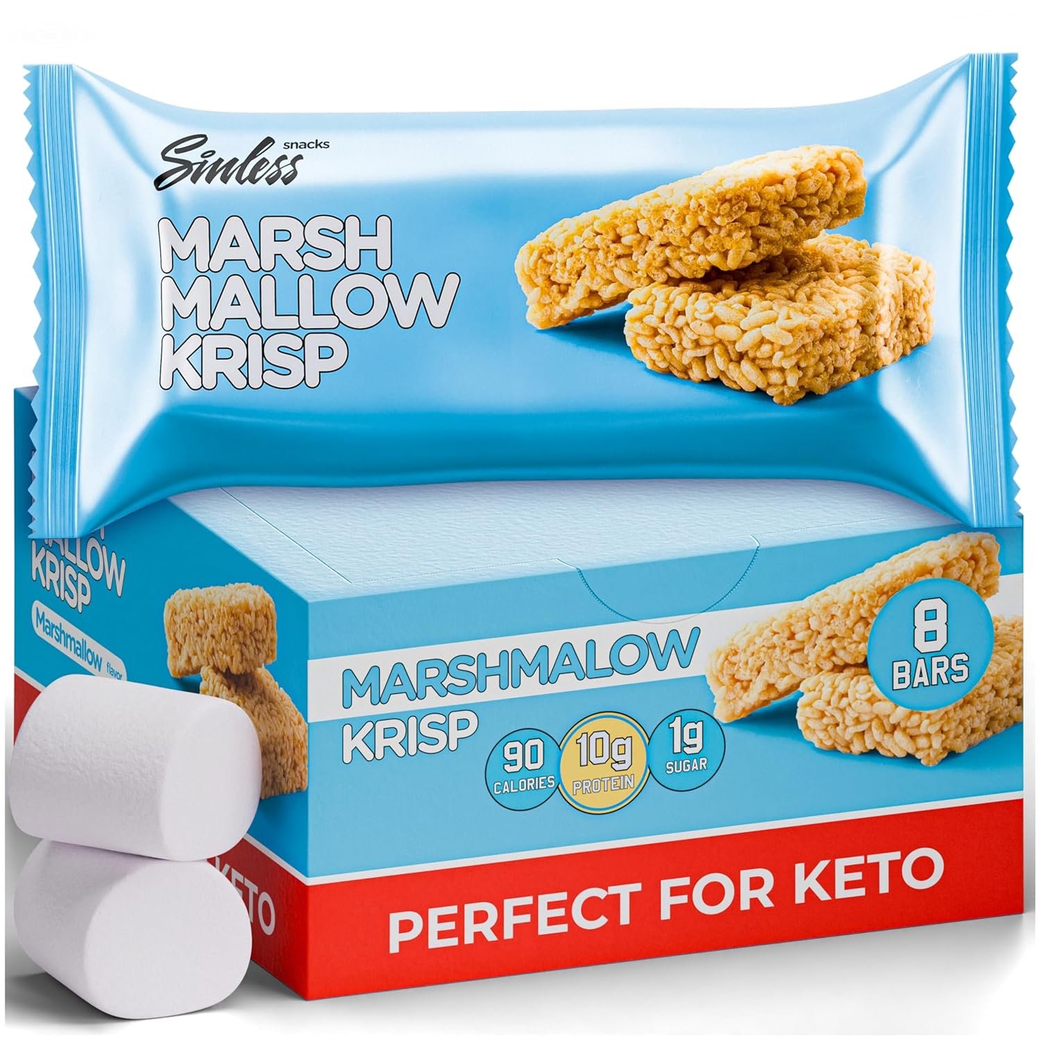 Sinless Snacks Delicious Marshmallow Krisp Bar – Low Carb Keto Snack – 10g Protein 2g Net Carbs – New Improved Recipe, More Soft & Chewy – Gluten Free, Low Sugar, Perfect Snack for the Family – 8 Bars