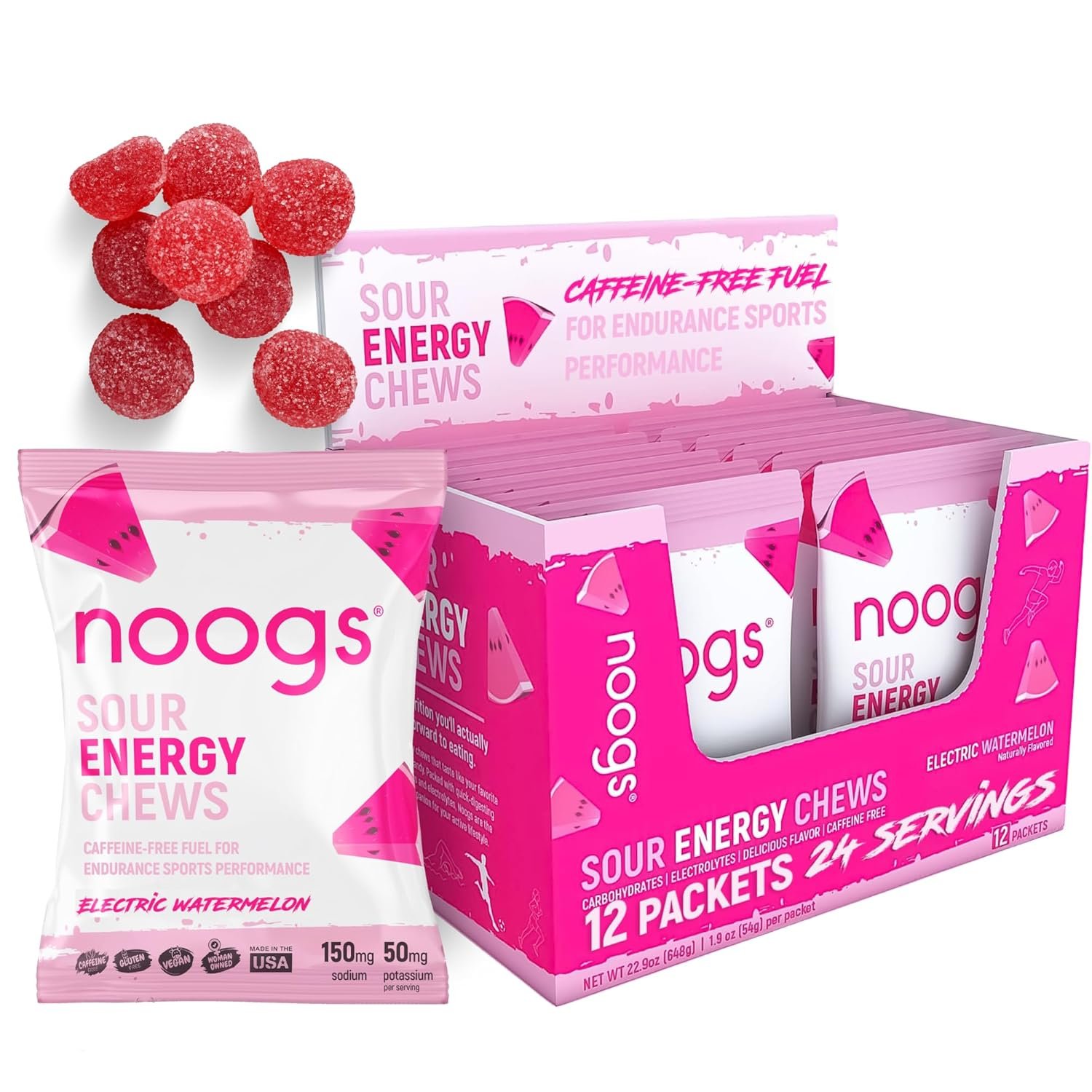 Sour Energy Chews, Electric Watermelon Electrolyte Energy Gummies, Sour Candy Flavored Alternative to Running Gels, Vegan, Gluten Free & Caffeine Free | 12 Packs, 144 Gummies