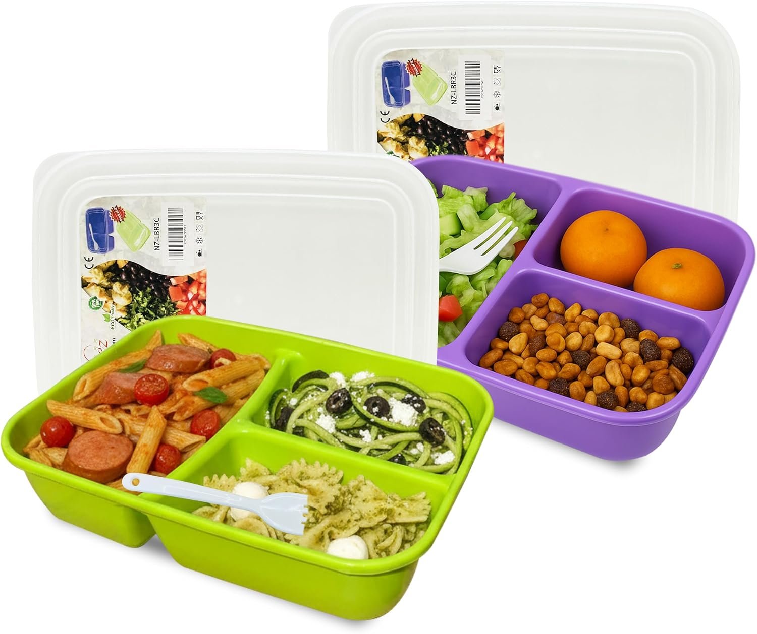 Neez 2 Pack Lunch Containers for Adults (48oz/6 Cup) – 3 Compartment Large Bento Lunch Box For Women – Reusable Lunchable Container for Salad, Snack, Meal Prep – Stackable, Microwavable & Leak proof