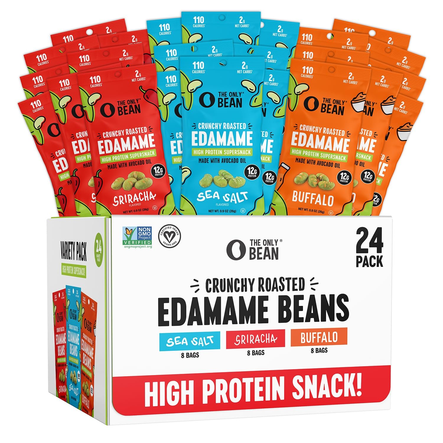 The Only Bean Crunchy Roasted Edamame – Healthy Snacks for Adults and Kids (Variety Pack), Low Carb Keto Snack Food, Vegan Gluten Free High Protein Snacks (11g), Office Snack, 0.9oz 24 pack