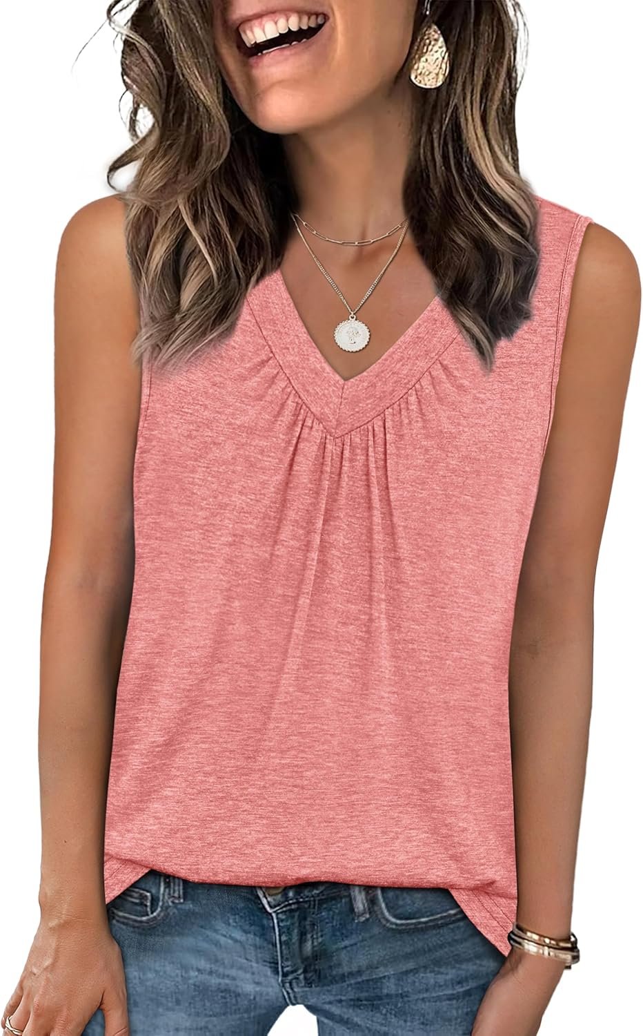 OFEEFAN Tank Top for Women Loose Fit Sleeveless Shirts V Neck Summer Clothes Ruched Women’s Tees and Tanks Curved Hem