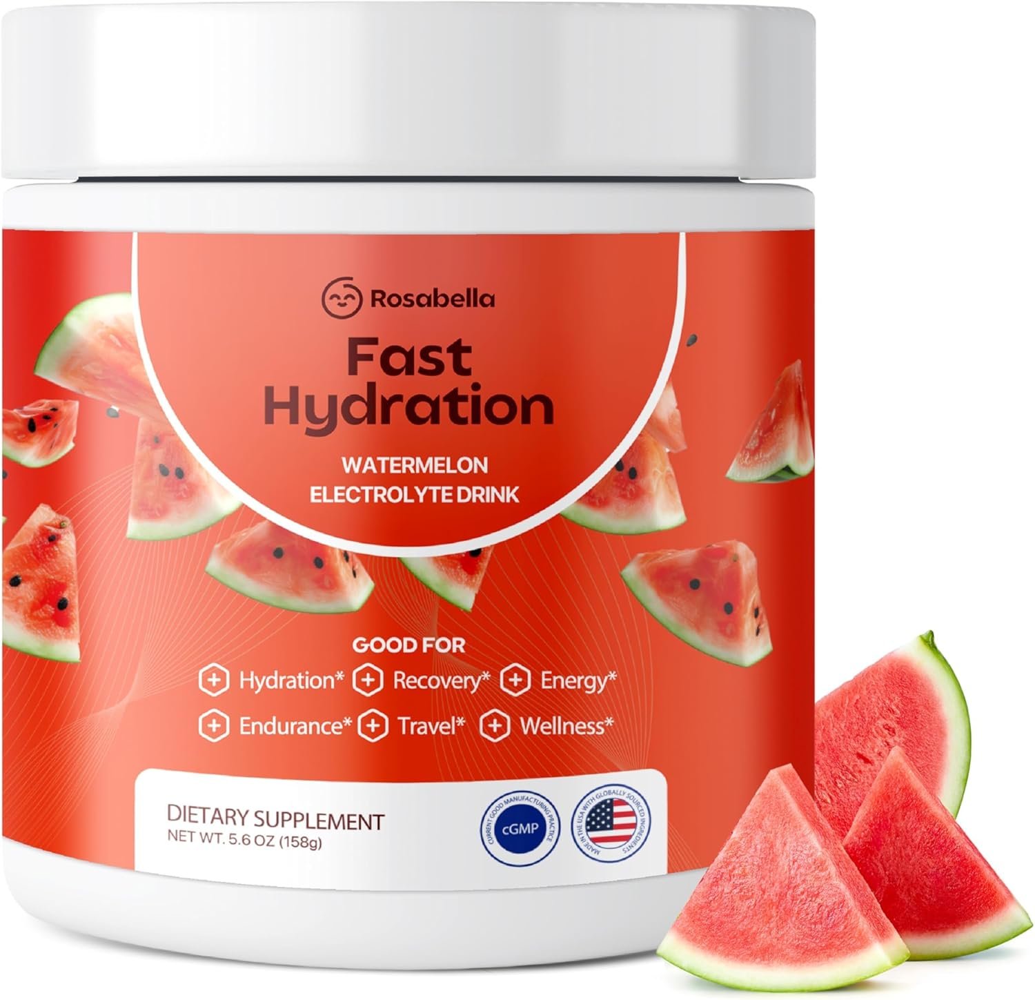 Rosabella Electrolyte Drink Powder – Watermelon – Sugar-Free Hydration Drink Mix – Electrolytes Powder with Sodium, Potassium, Magnesium, Calcium – Travel Jar – 30 Servings (5.6 oz)