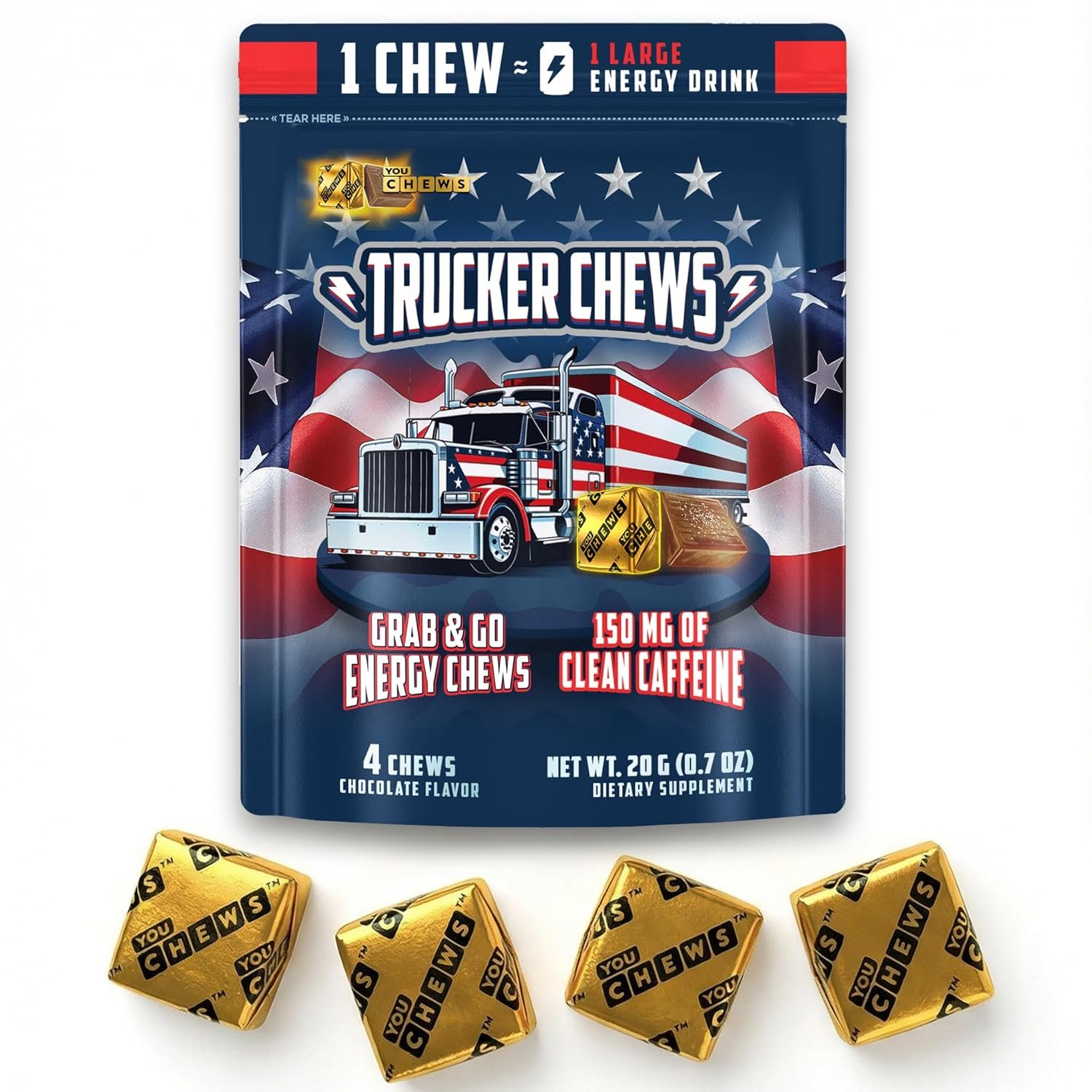 YouChews Trucker Chews, Energy Bites – 150mg of Caffeine, No Jitters Grab-and-Go Energy Chews, Individually Wrapped Portable Energy Support for Long Hauls and On-the-Road Drivers, 4 Counts