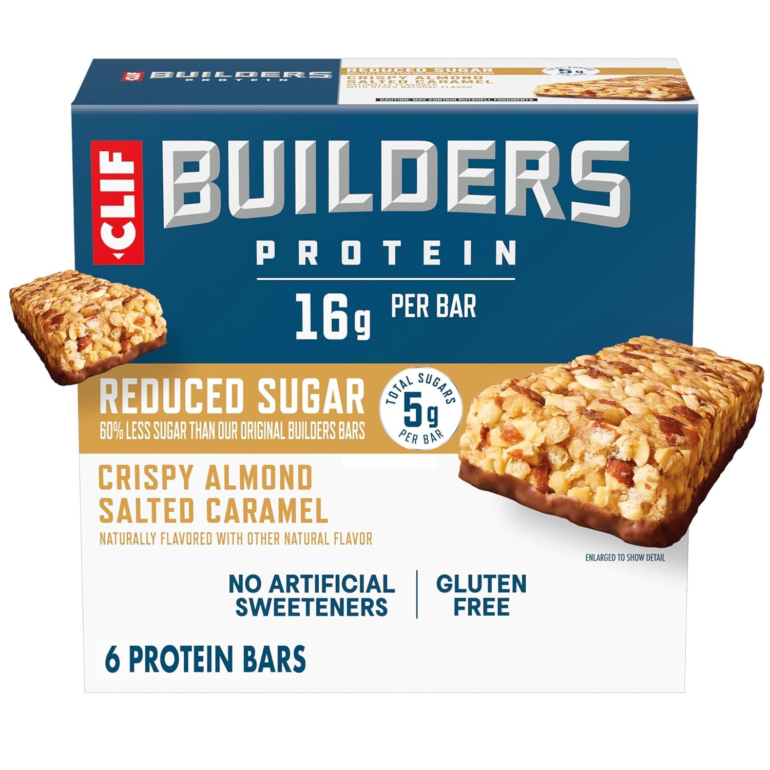 CLIF BUILDERS Protein Bars – Crispy Almond Salted Caramel – Reduced Sugar – Gluten Free – 16g Protein – No Artificial Sweeteners – 1.97 oz. (6 Pack)