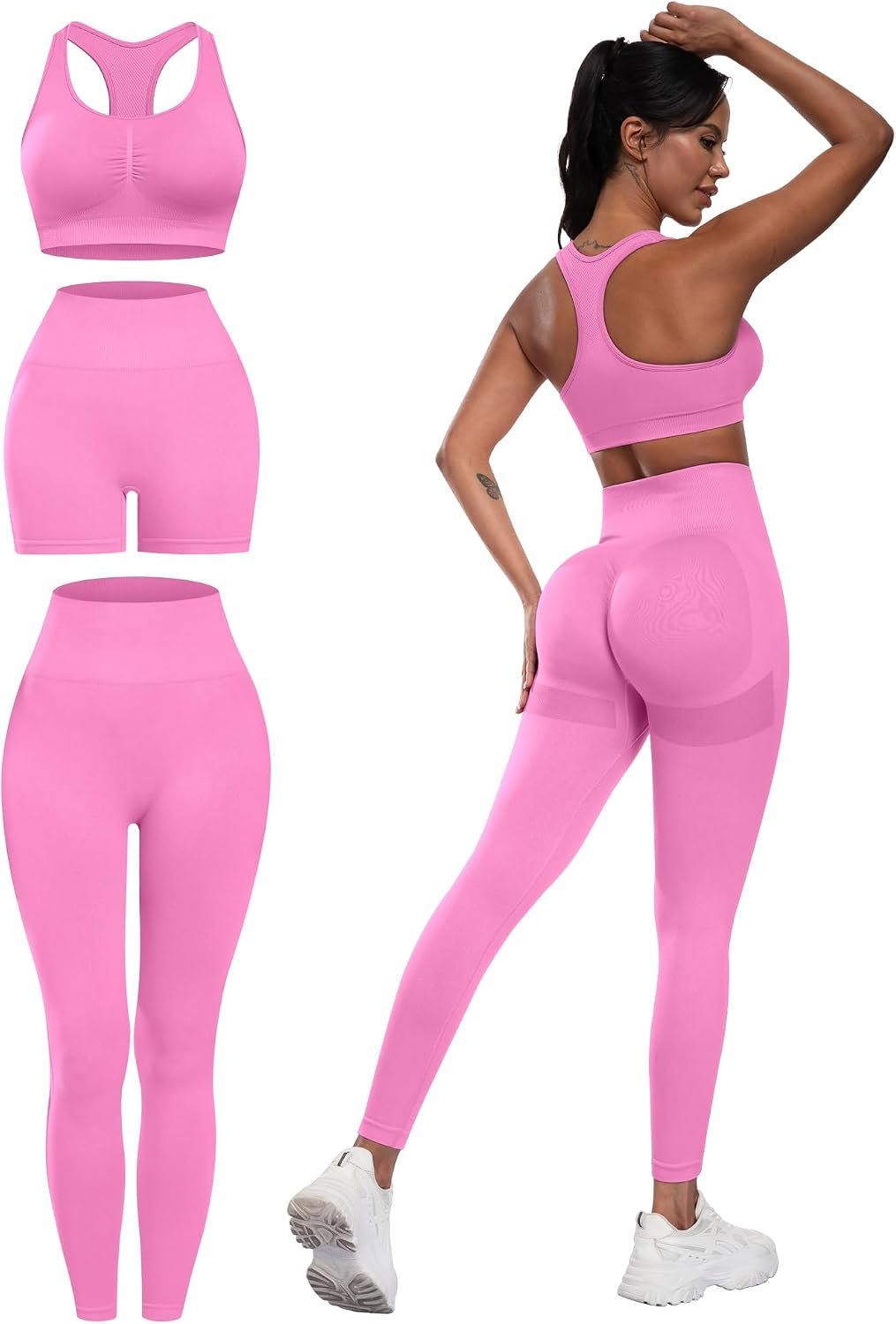 3 Piece Workout Sets for Women Butt Lifting Leggings with High Impact Sports Bra Gym Shorts