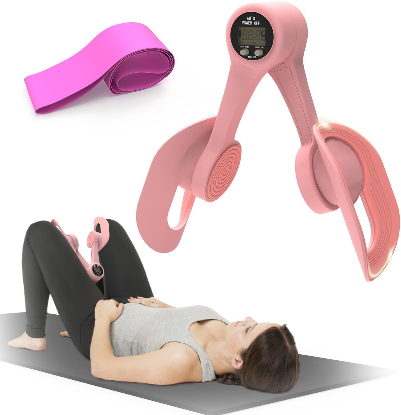 Thigh Trainer 360°Adjustable Pelvic Floor Exercise Devices with LED Display, Inner Thigh Exerciser with 20LB Resistance Band for Women, Home Fitness Equipment for Hip, Leg, Arm