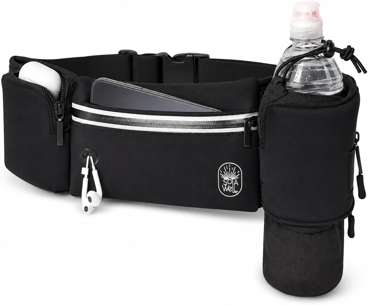 Running Belt with Water Bottle Holder – Waist Bag With Extender for Jogging, Hiking, Cycling, Walking – Dog Walker Hydration Fanny Pack – Sport Pouch iPhone Carrier for Women and Men – Black