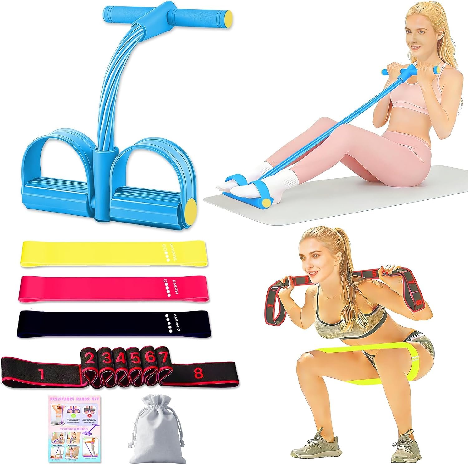 5 Pcs Resistance Bands Set, Pedal Resistance Band with Handles Fitness Equipment, Workout Elastic Exercise Bands for Ab, Waist, Arm, Leg, Women Stretch Bands for Pilates, Yoga at Home, Gym